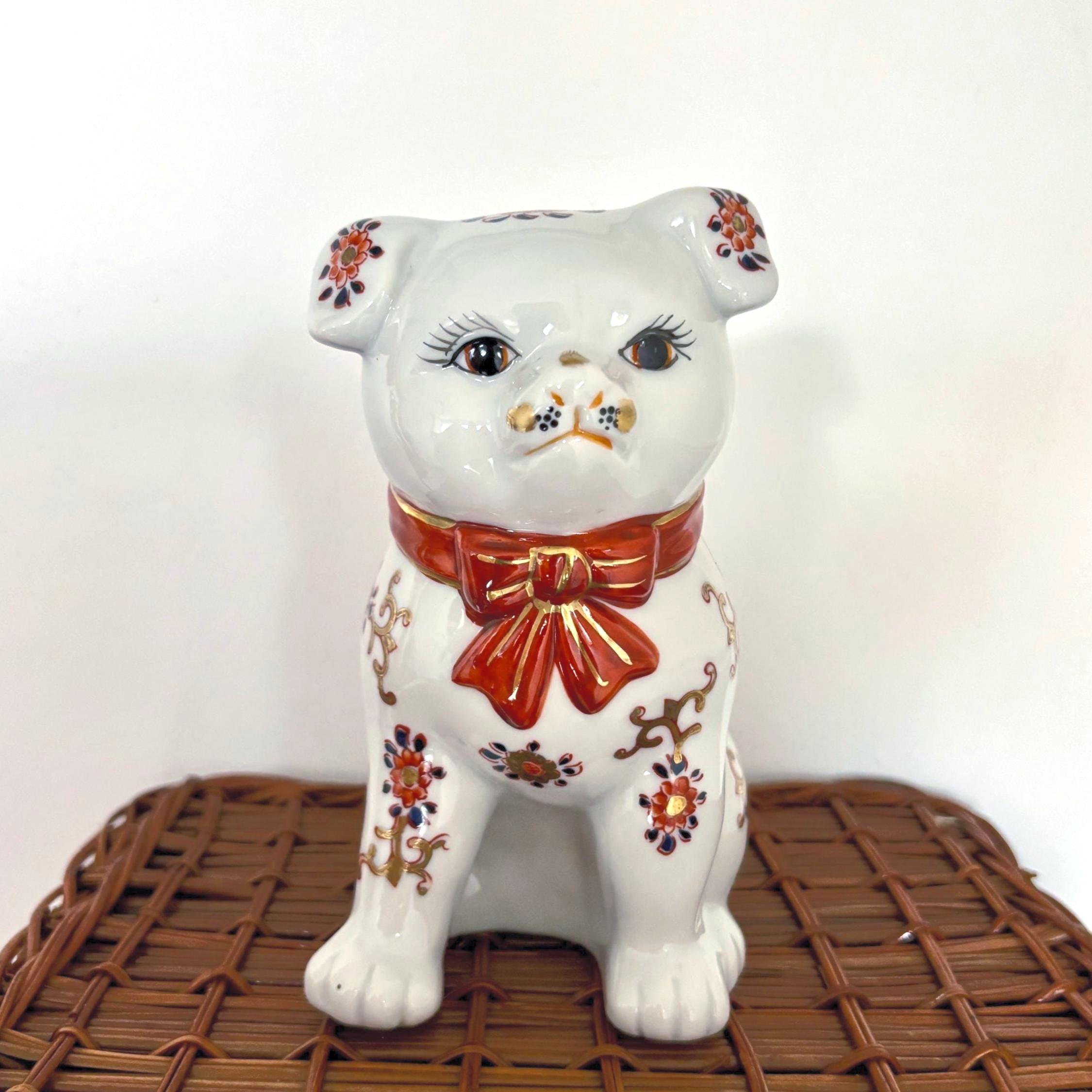 Imari Style Ceramic Dog Ornament | Vintage White Dog Figurine with Red Collar & Gilt Detail