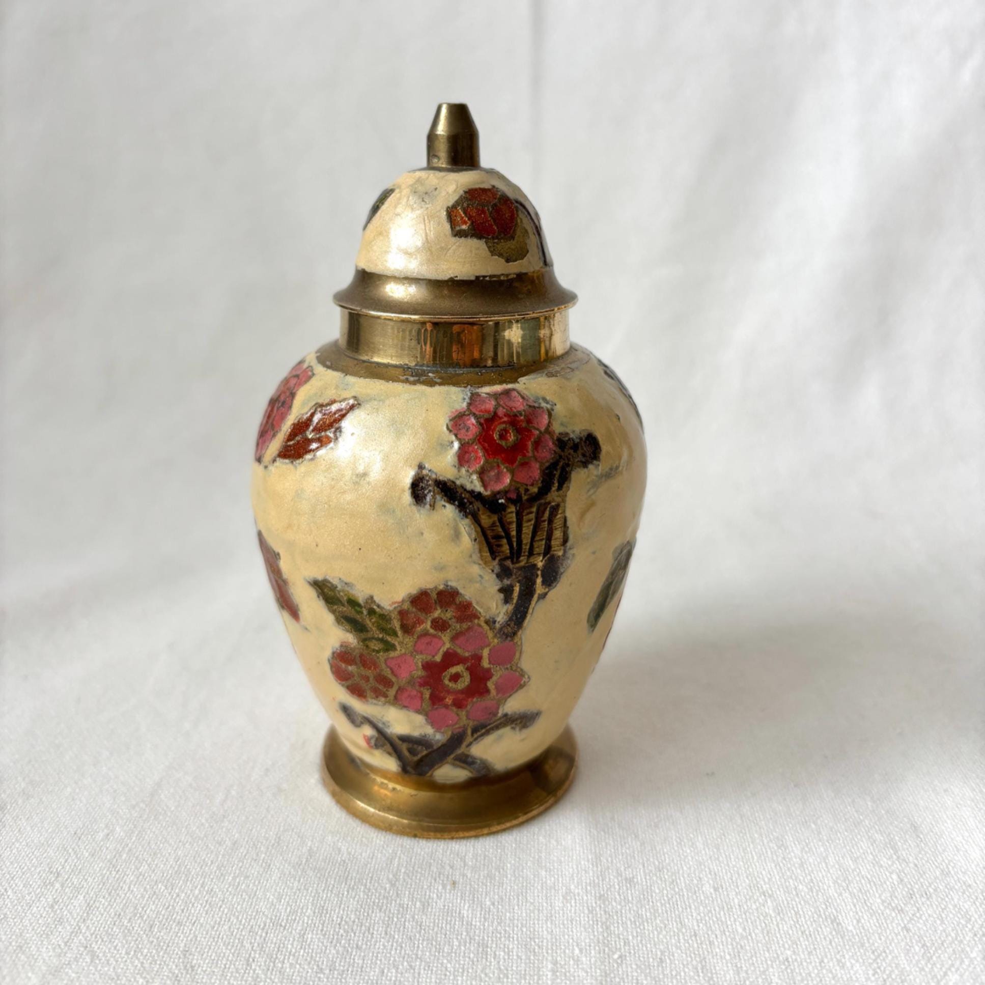 Vintage Brass Cloisonné Ginger Jar: Hand-Painted Floral Enamel