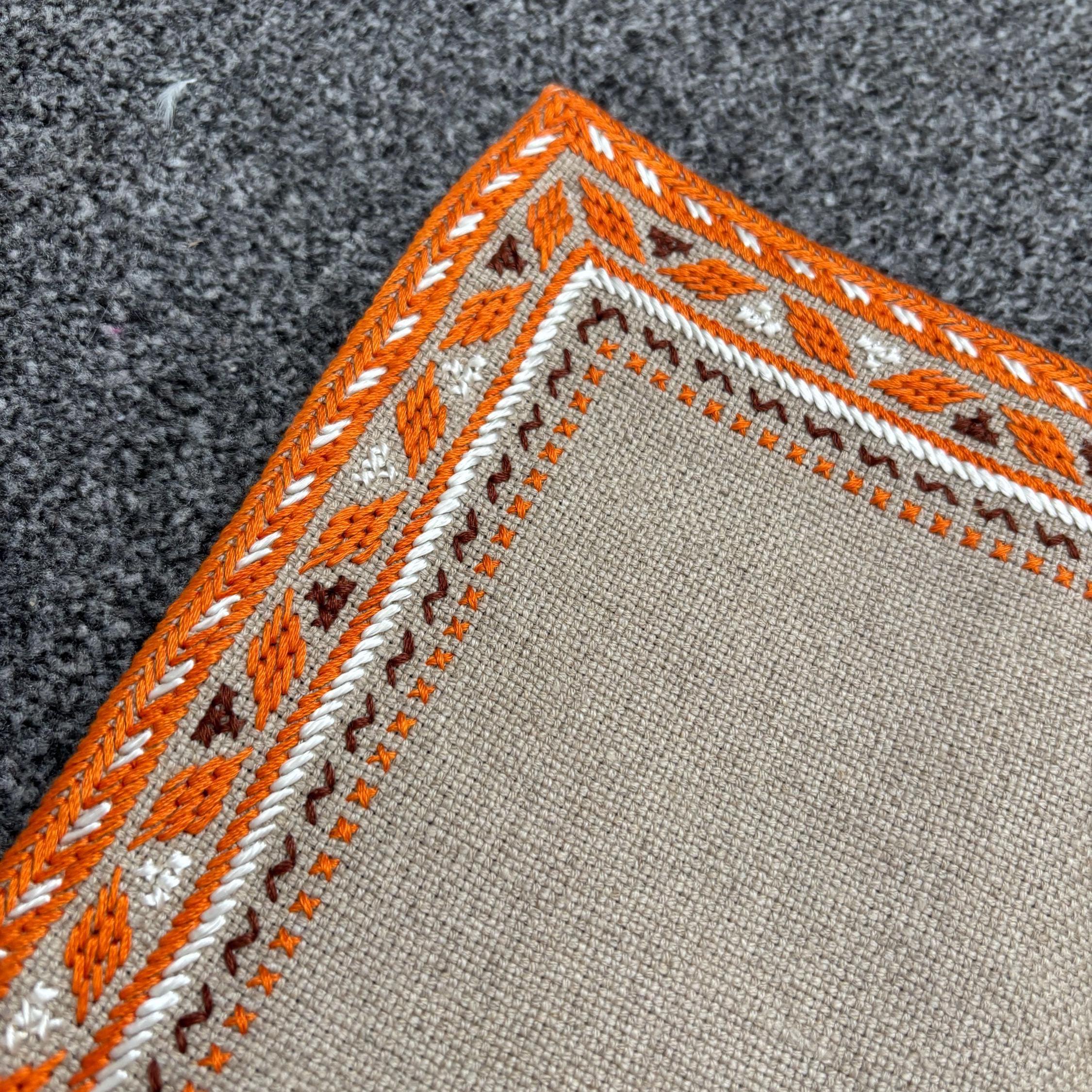 Vintage Bulgarian Hand Embroidered Linen Runner 56x26cm Orange Folk Border
