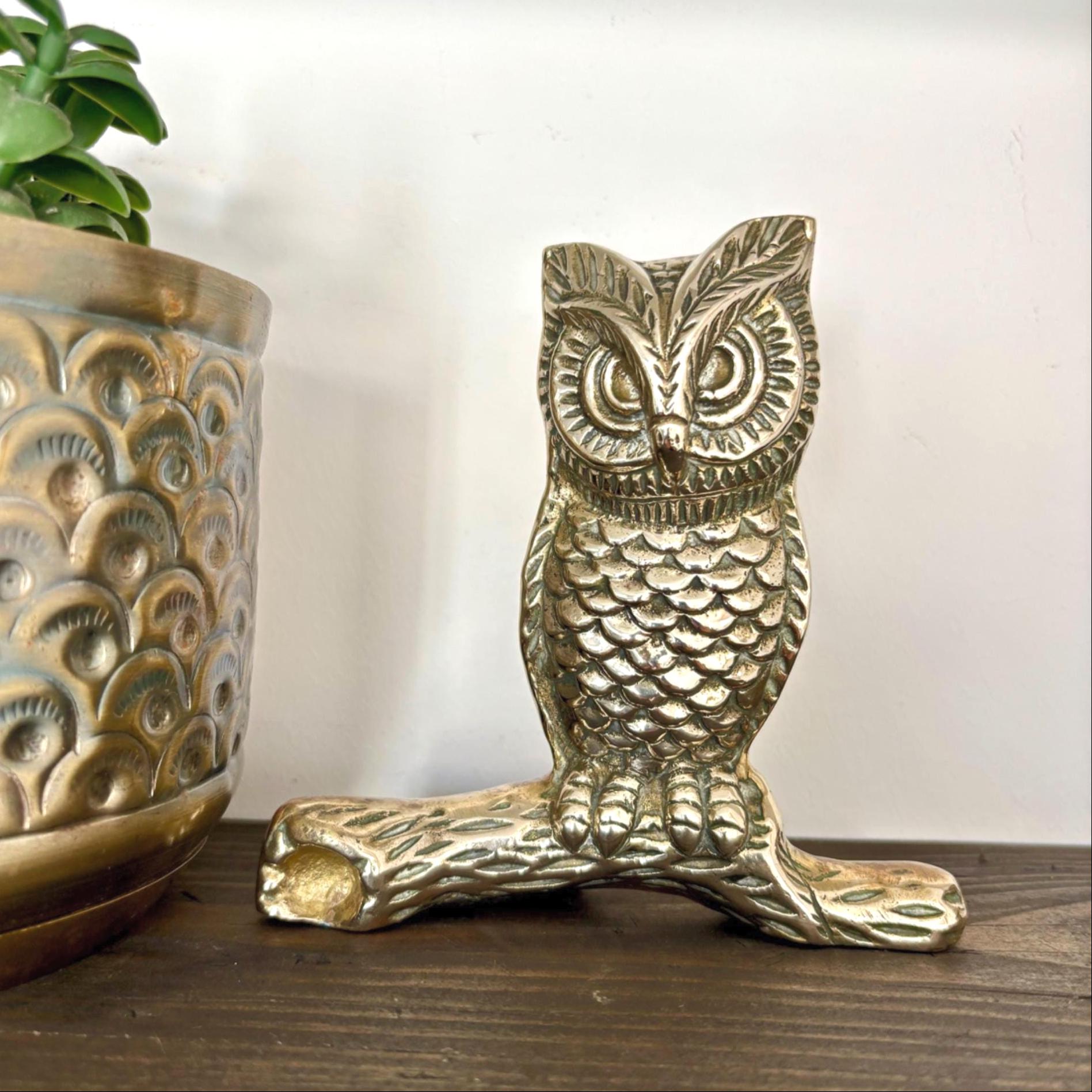 Vintage Solid Brass Owl on Branch Wise Owl Figurine Woodland Bird Sculpture Shelf Decor
