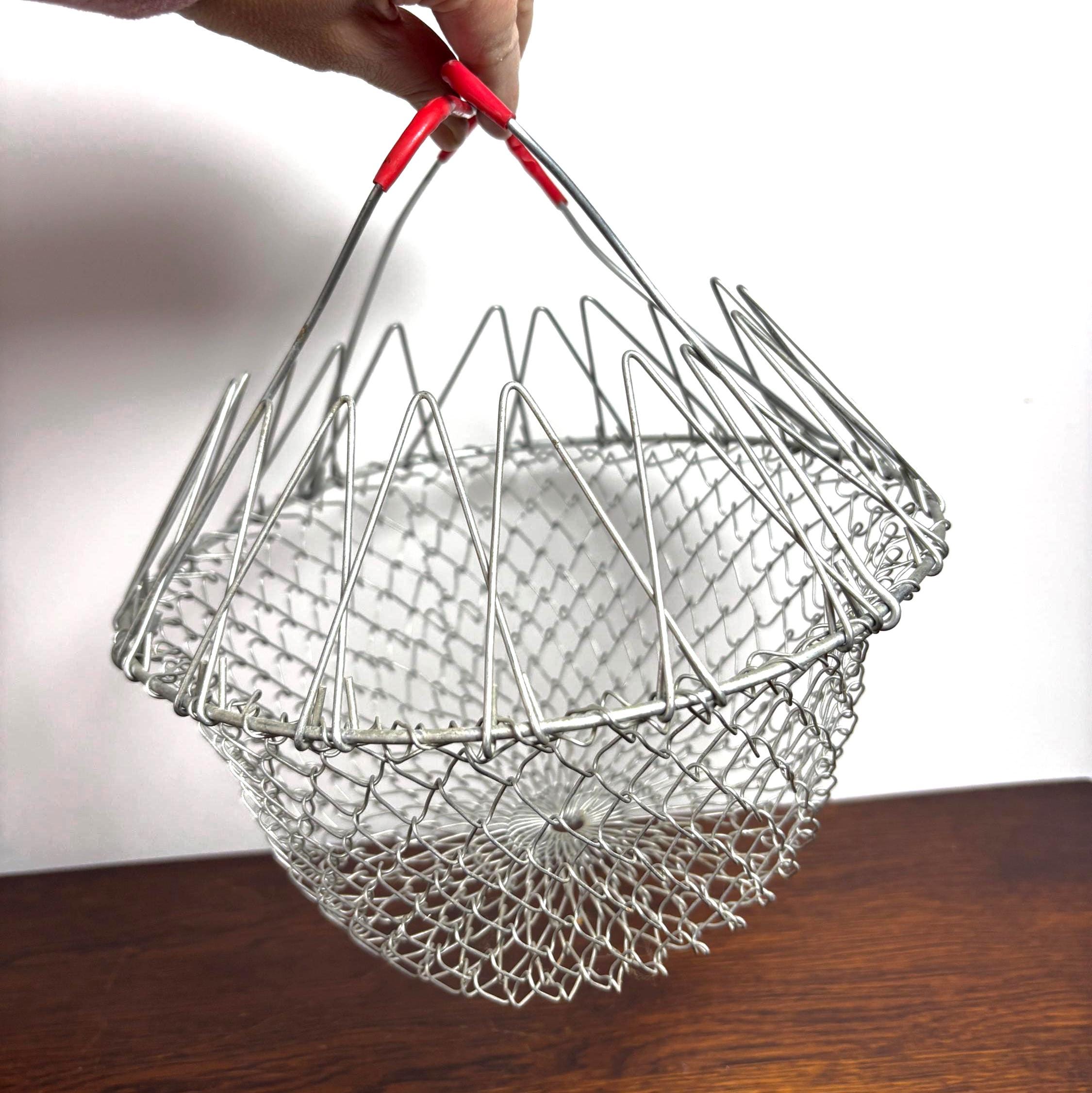 Vintage Collapsible Wire Egg Basket with Red Handle French Style Folding Market Basket