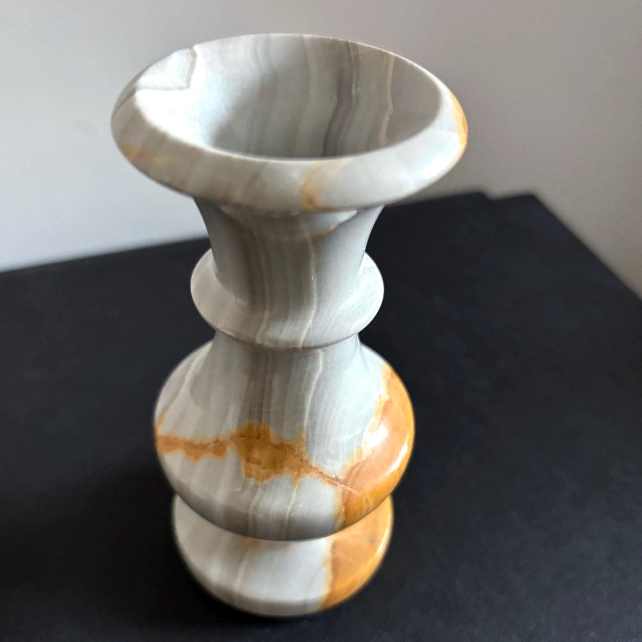 Hand-Carved Onyx Bud Vase: Grey & Amber Turkish Stone
