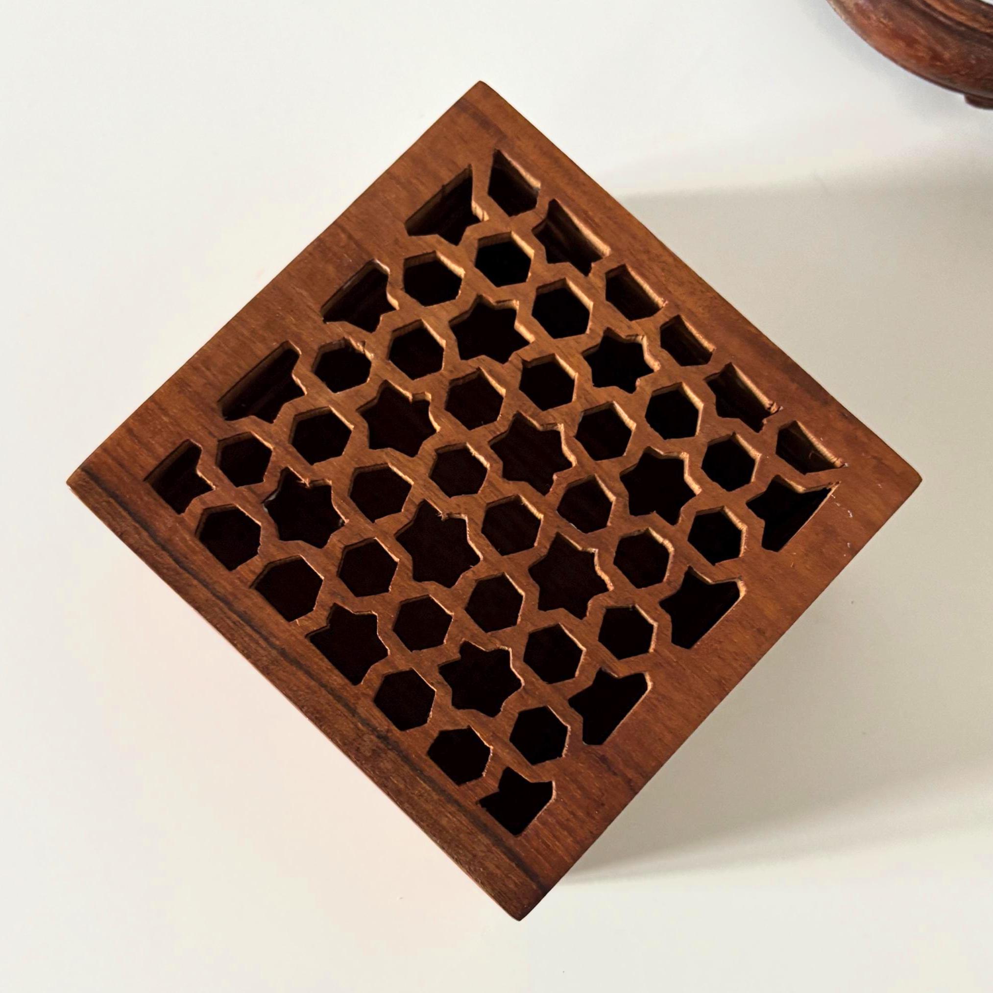 Vintage Hand Carved Wooden Trinket Box with Geometric Lattice Lid, Decorative Storage