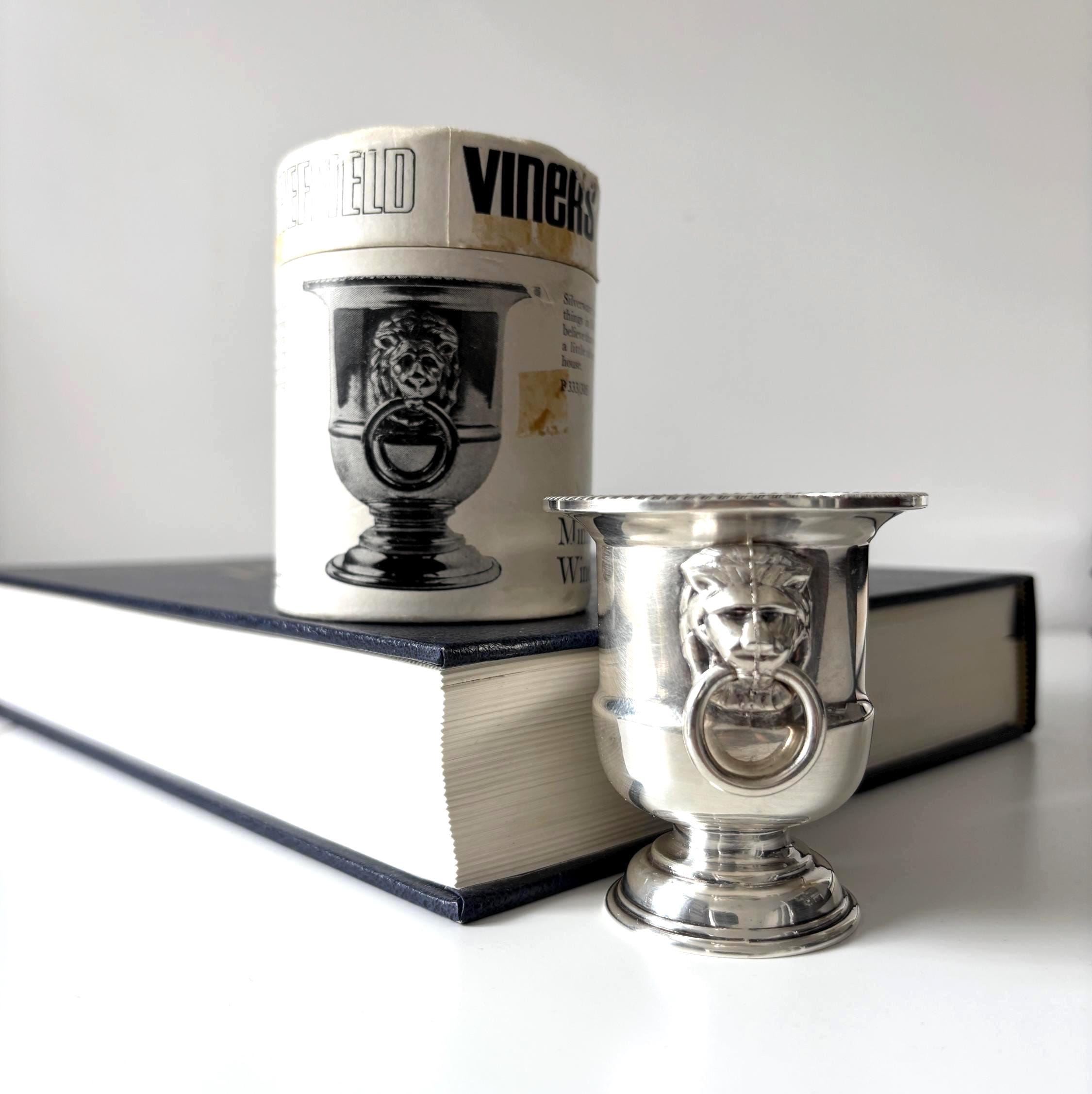 Vintage Viners Sheffield Miniature Wine Cooler Silver Plate Lion Match Holder with Original Box