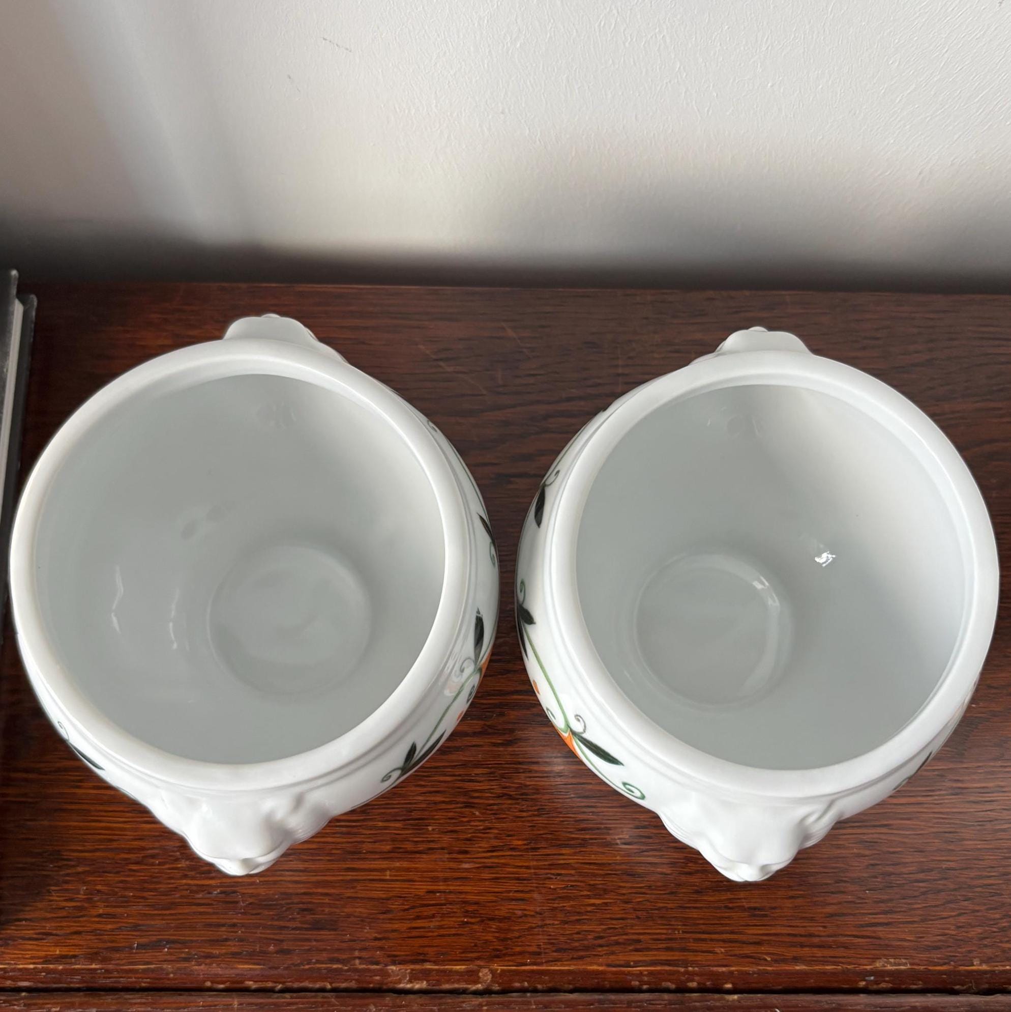 Pair Vintage White Ceramic Lion Head Bowls, Pedestal Foot, Hand-Painted Tureens