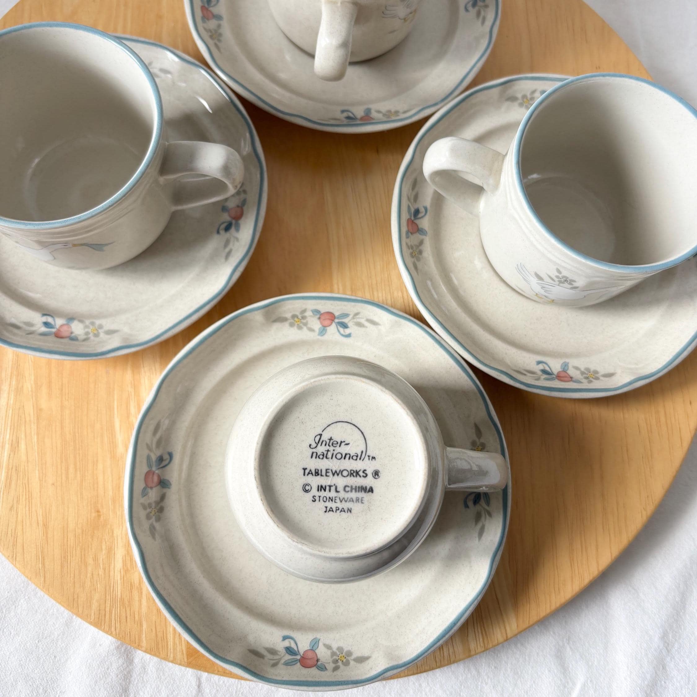 Vintage Goose Strawberry Stoneware Tea Set 4 Cups Saucers Japan Cottage Kitchen