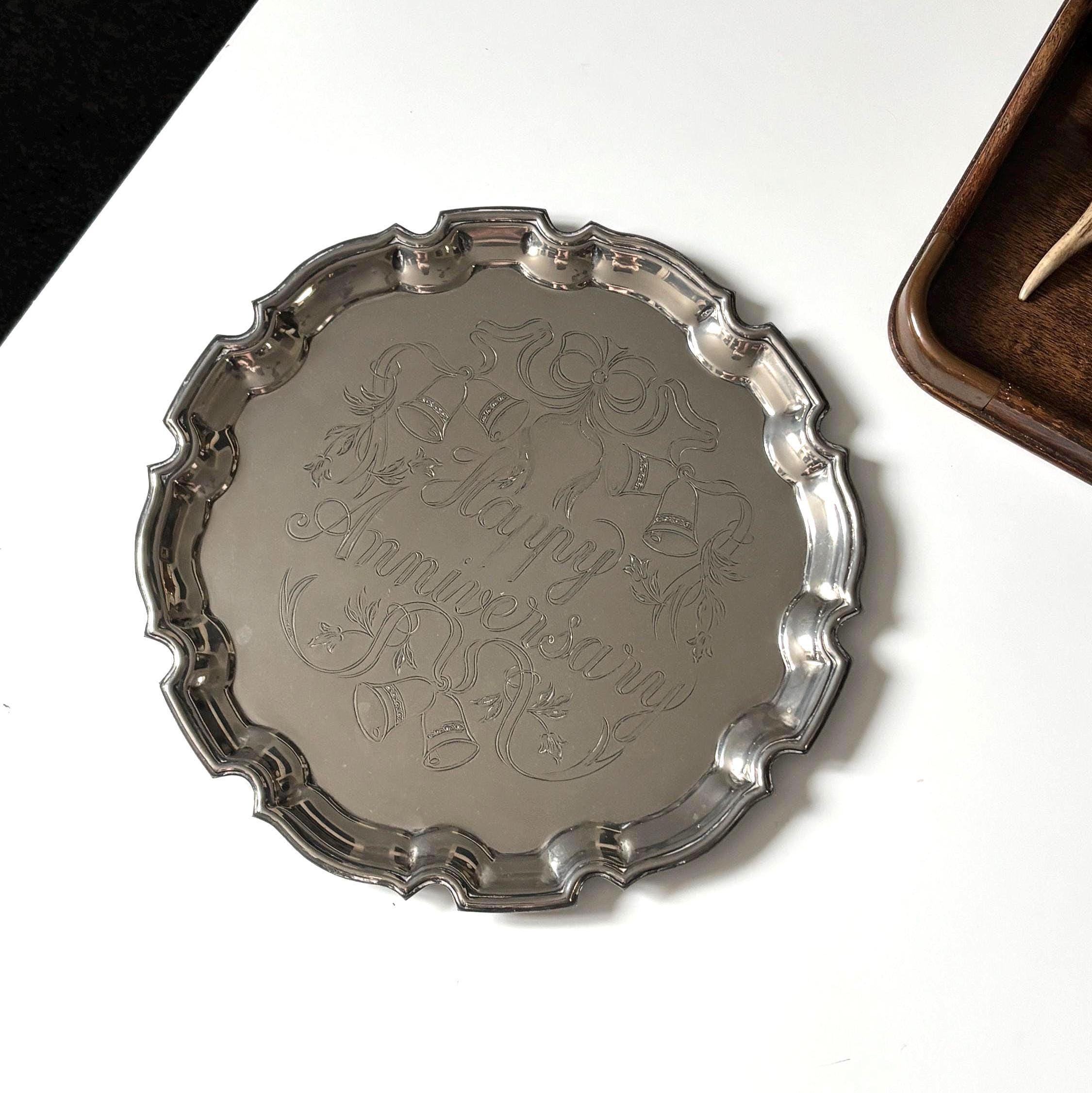 Vintage Cavalier Silver Plated Happy Anniversary Tray – Made in England – Decorative Wedding Bells Tray