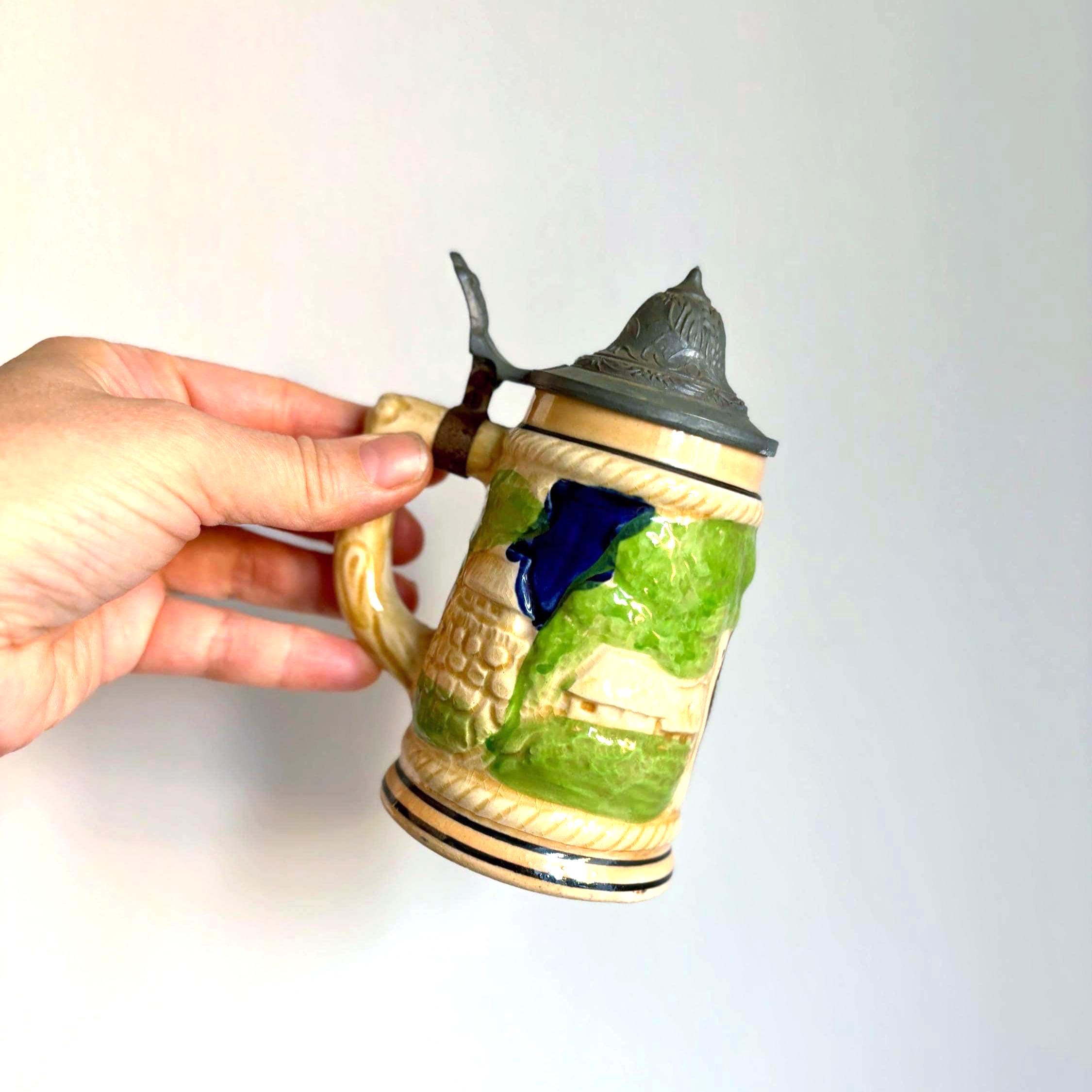 Vintage German Beer Stein with Pewter Lid | Tall Hand-Painted Relief Tavern Scene Mug