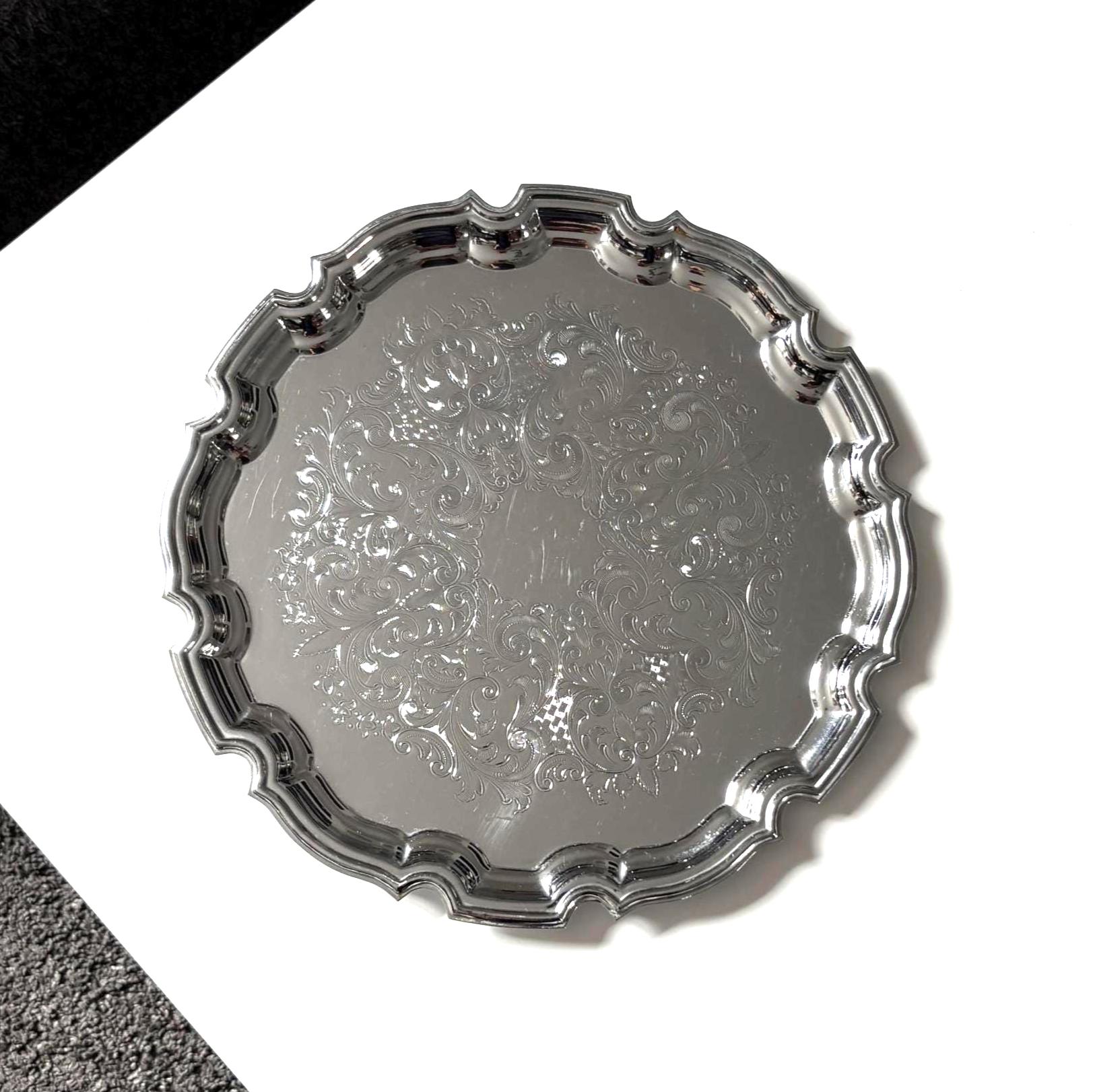 Vintage English Silver Plated Gallery Tray Ornate Scalloped Serving Tray Made in England Round