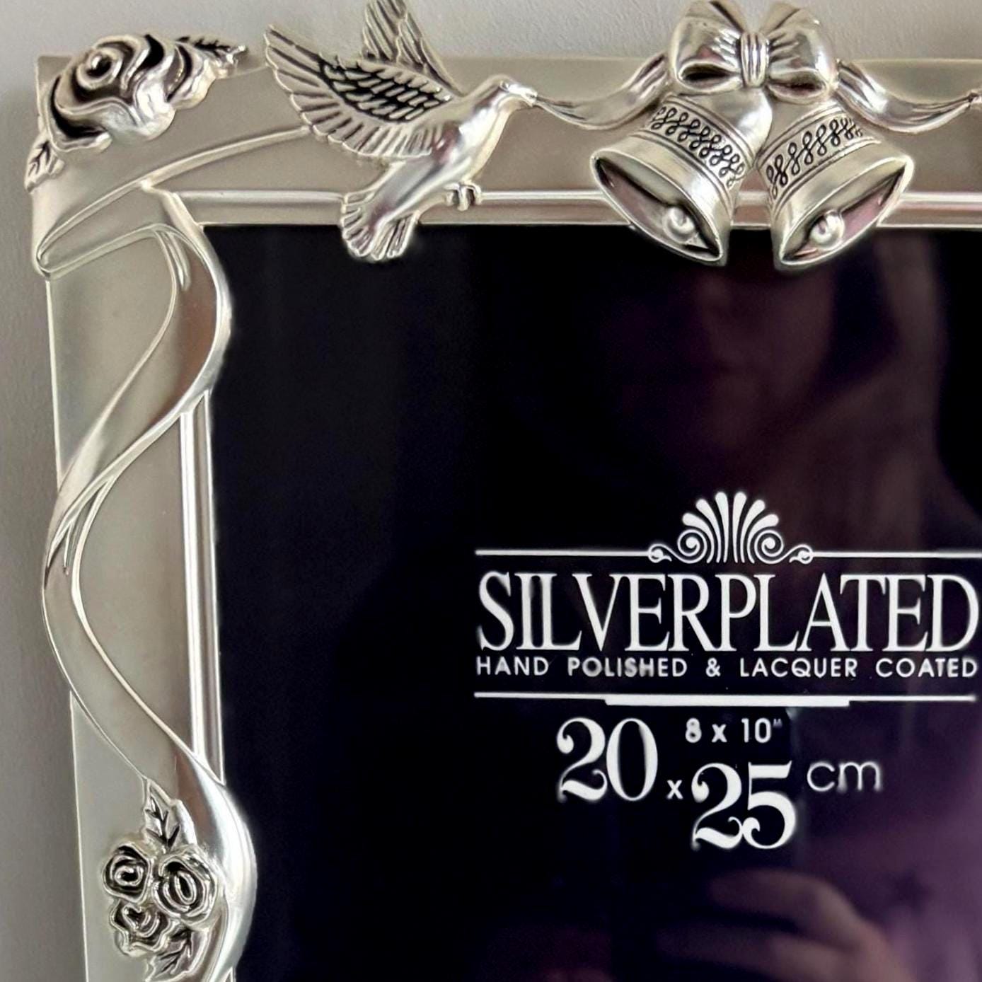 Silver-Plated Wedding Photo Frame 8×10" | Doves, Bells & Roses | Lacquered Anti-Tarnish