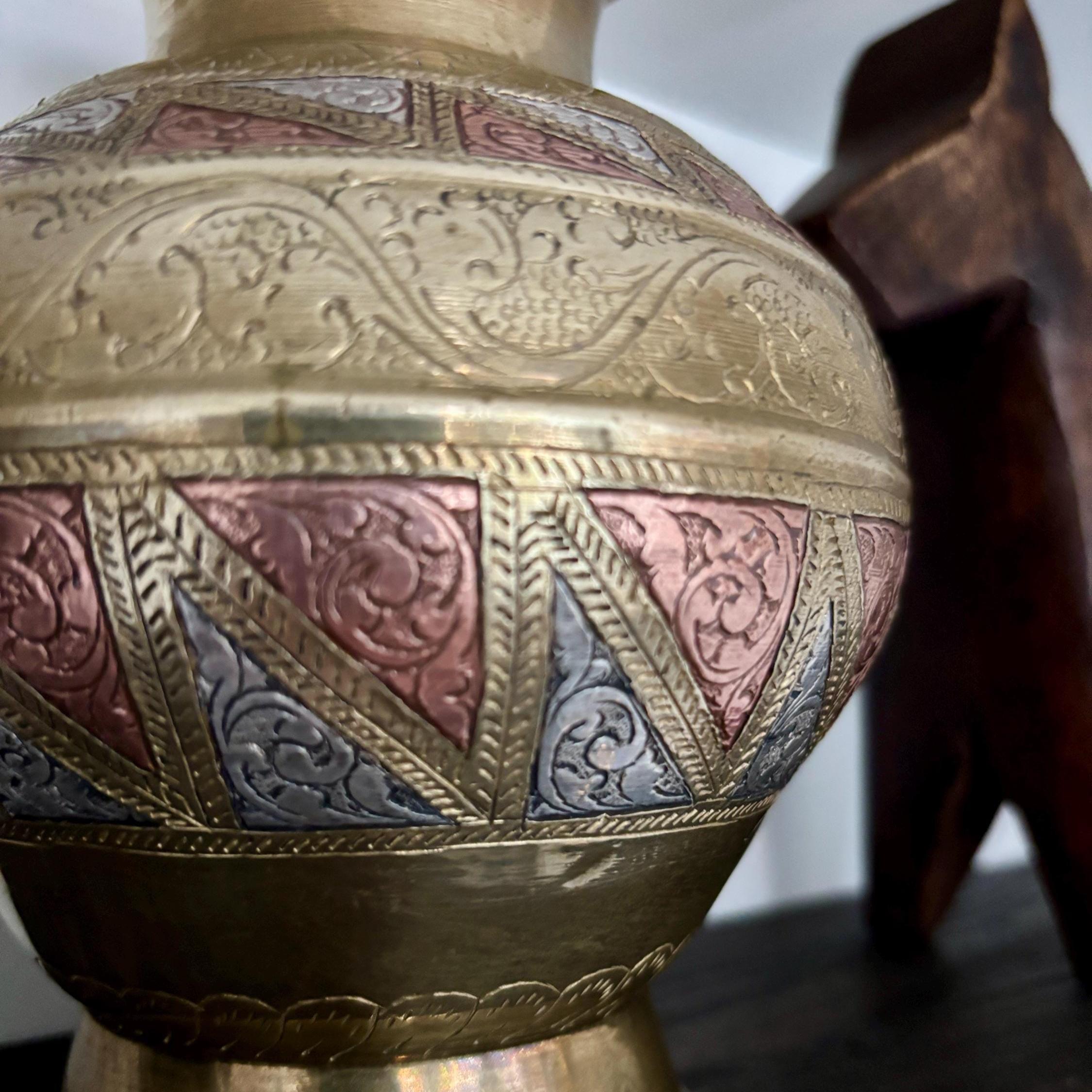 Vintage Indian Solid Brass Vase | Hand-Engraved Copper & White Metal Inlay