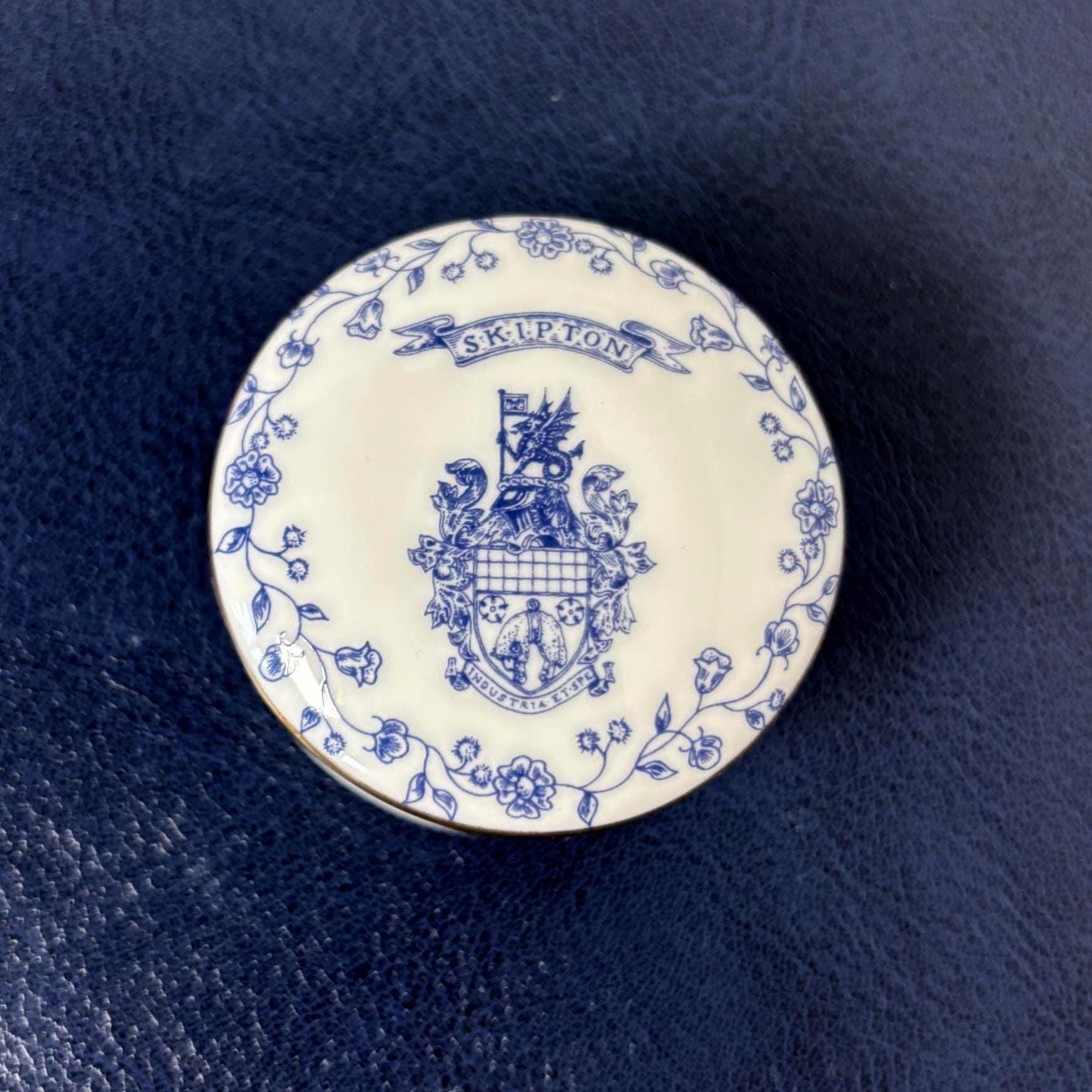Vintage Skipton Bone China Trinket Box English Lidded Pot Blue White Floral Collectable