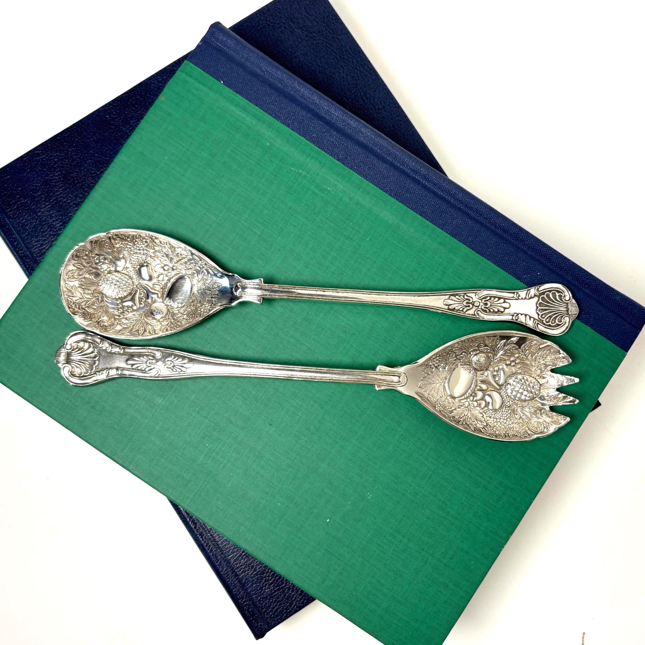 Ornate Vintage Silver Plated Salad Servers Fruit Pattern Victorian Style Serving Spoon Fork Set