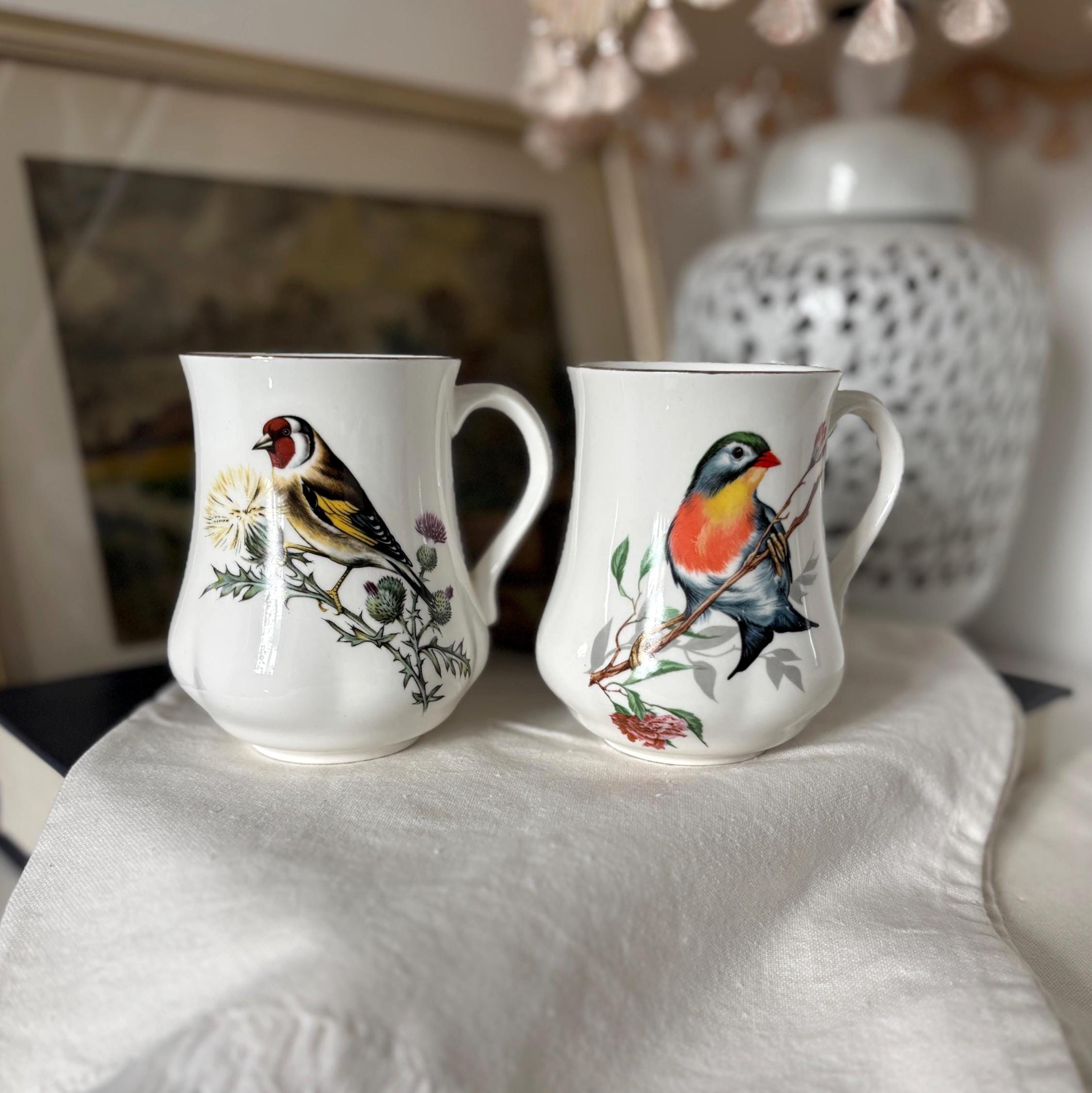 Vintage Bone China Bird Mugs Pair England Goldfinch Robin Tea Coffee Cups