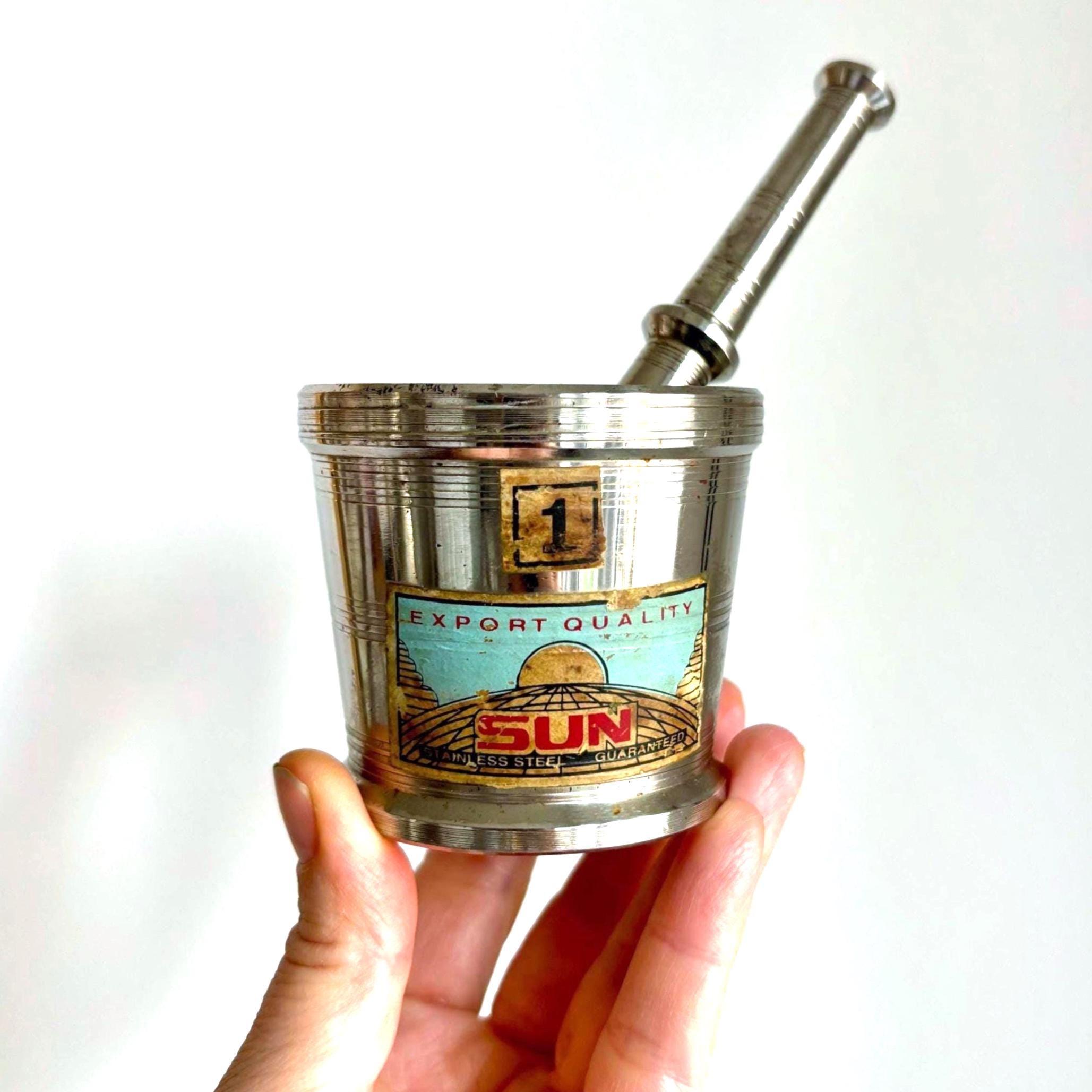 Vintage “SUN” Stainless Steel Mortar and Pestle | Mini Spice Grinder with Original Export Label