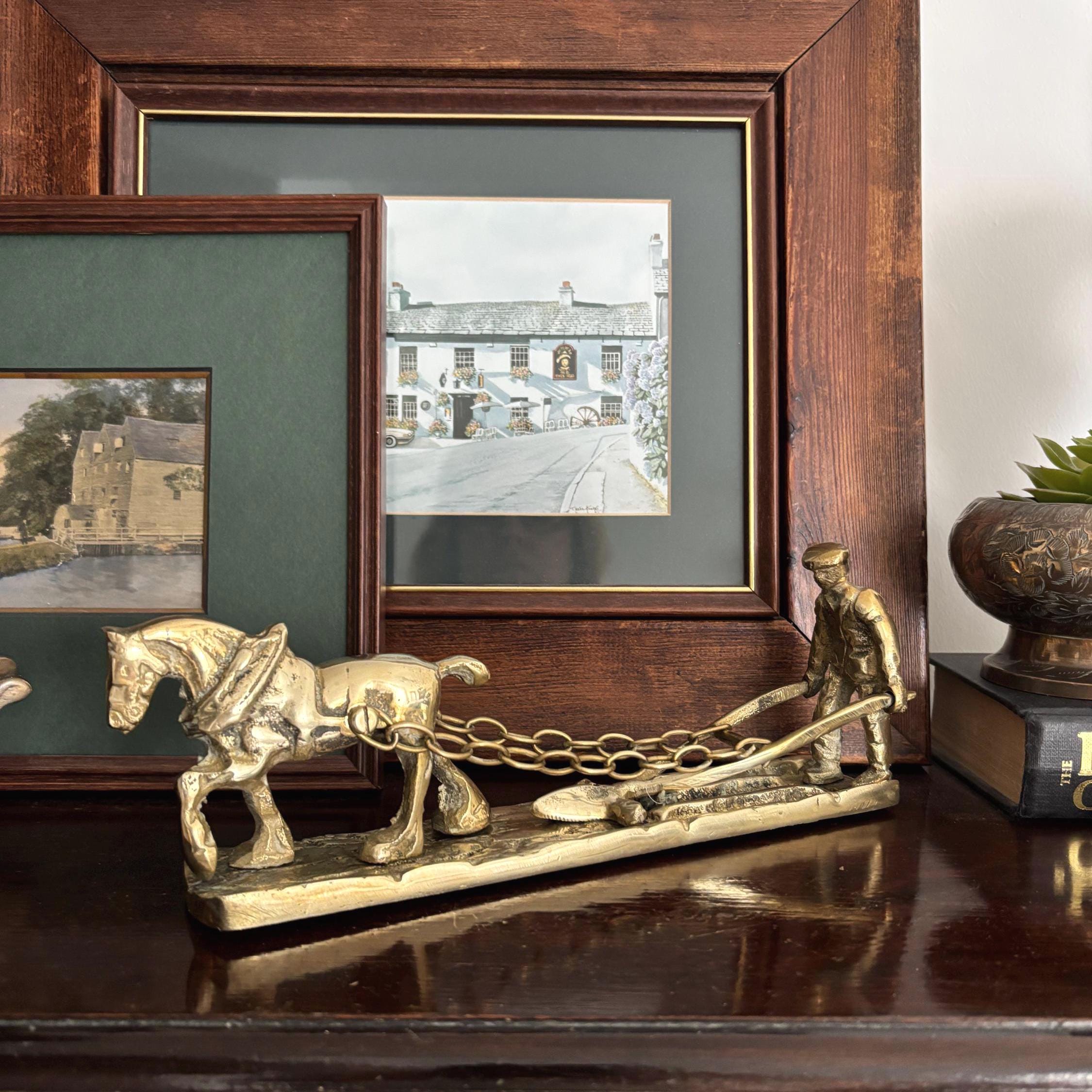Vintage Solid Brass Horse Plough Sculpture Rustic Farm Decor Country Home Figurine