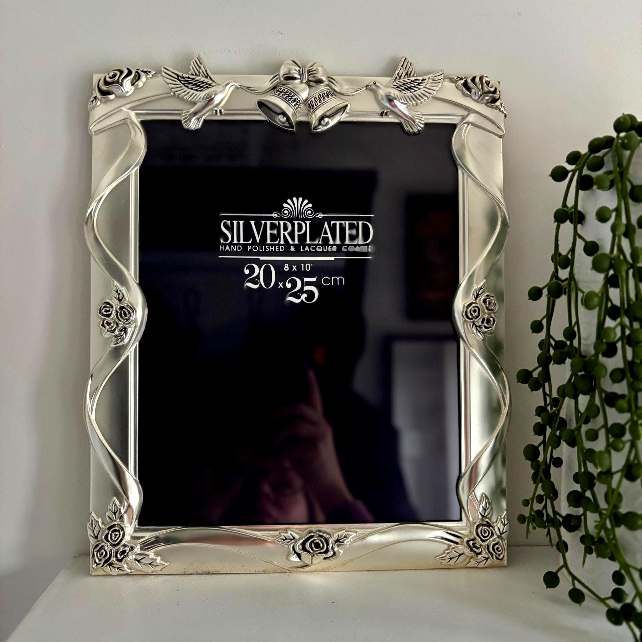 Silver-Plated Wedding Photo Frame 8×10" | Doves, Bells & Roses | Lacquered Anti-Tarnish