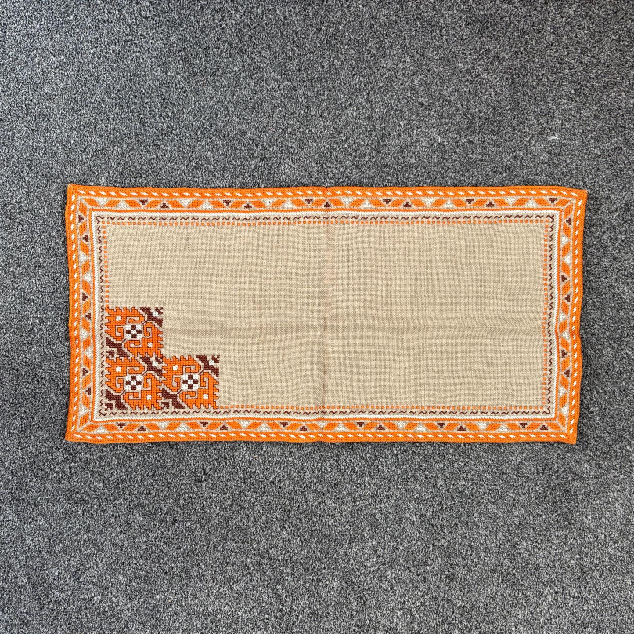 Vintage Bulgarian Hand Embroidered Linen Runner 56x26cm Orange Folk Border
