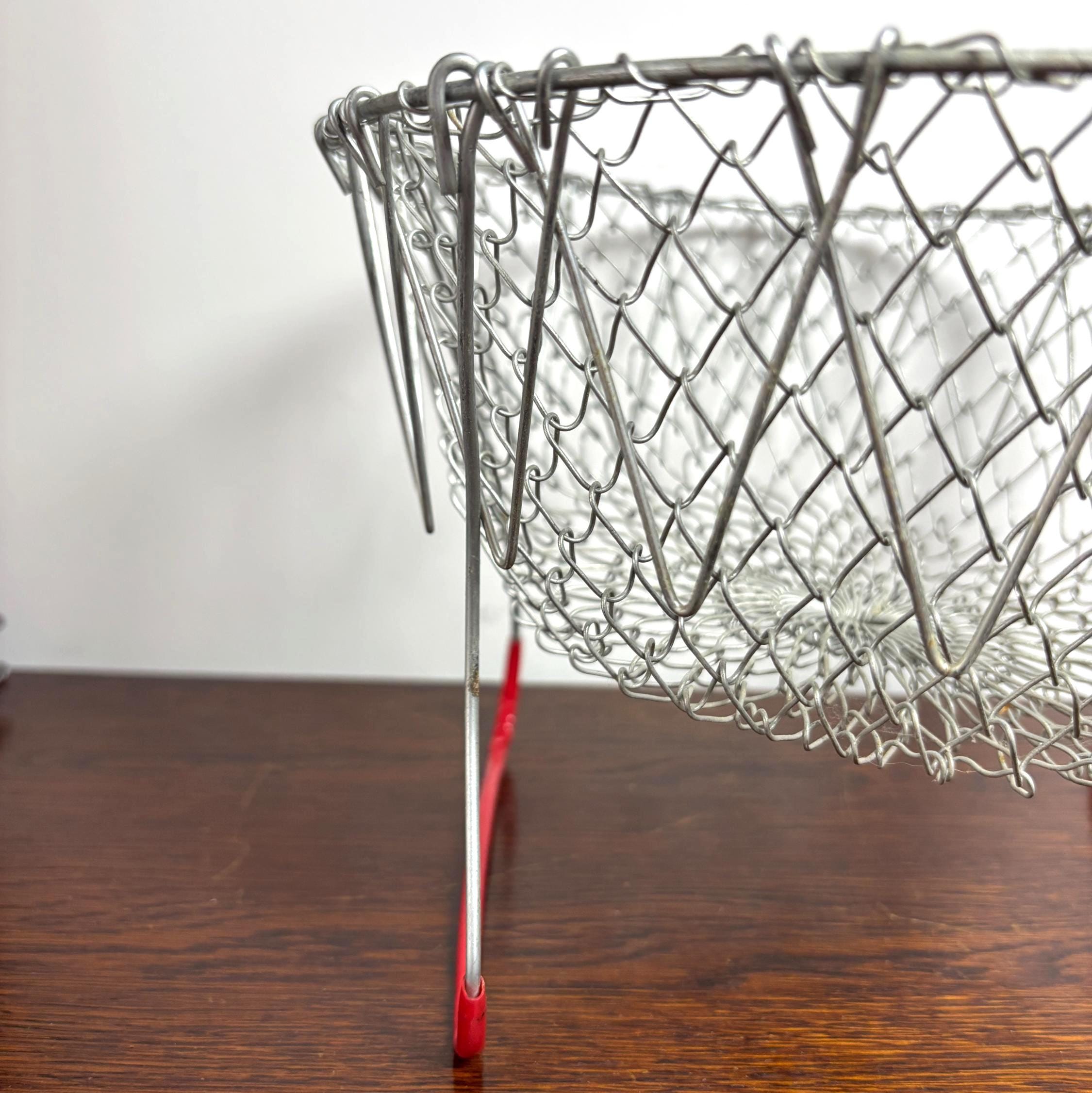 Vintage Collapsible Wire Egg Basket with Red Handle French Style Folding Market Basket
