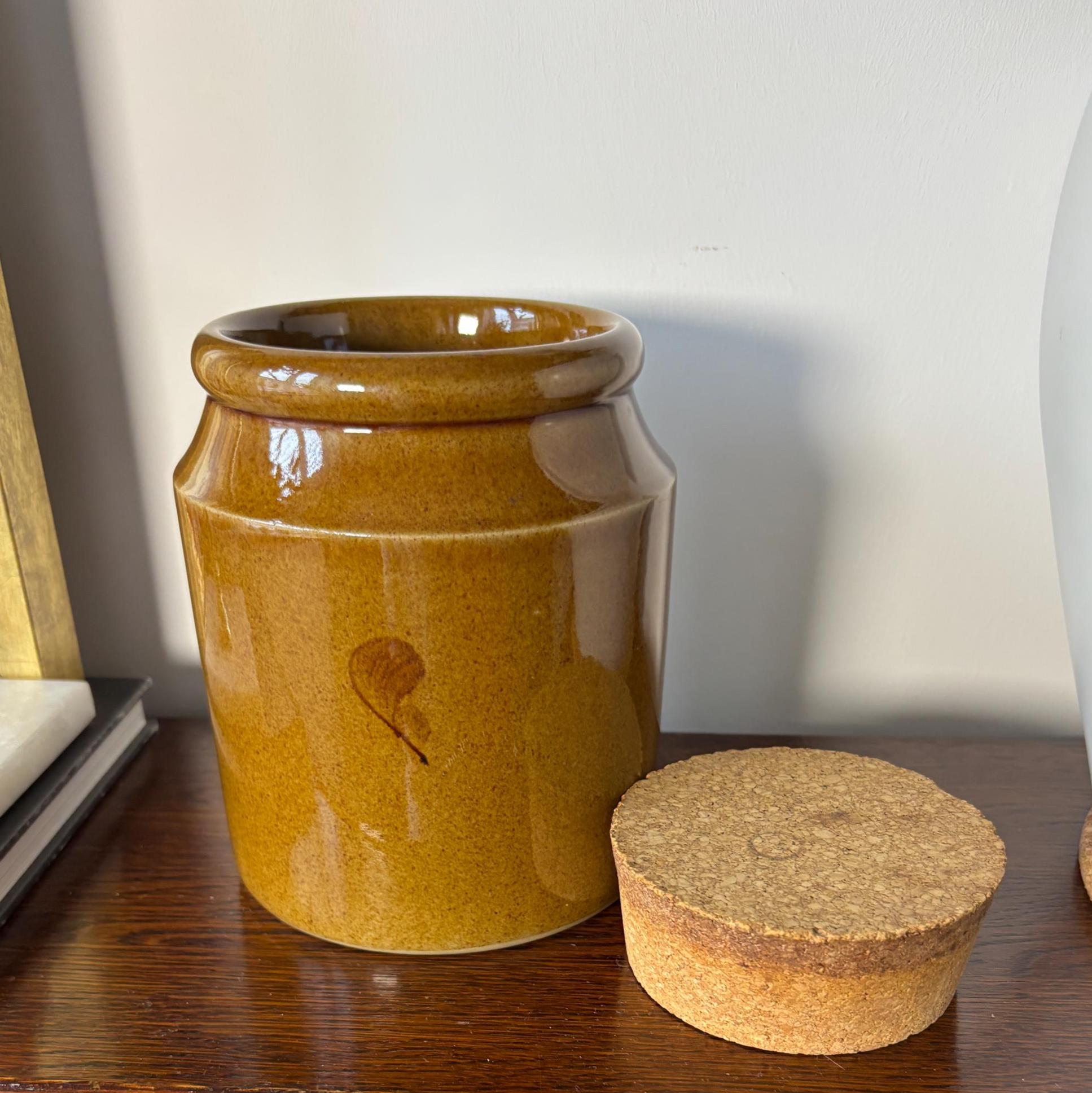 Vintage Pearsons Stoneware Storage Jar with Cork Lid – Brown Glaze Leaf Motif