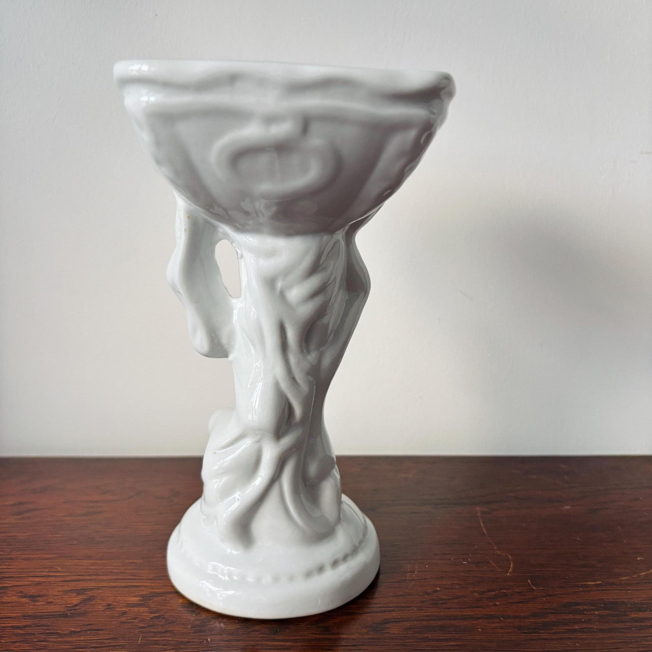 Vintage White Cherub Pedestal Planter Bowl, Putti Column Vase, Neoclassical Hollywood Regency Decor Centerpiece