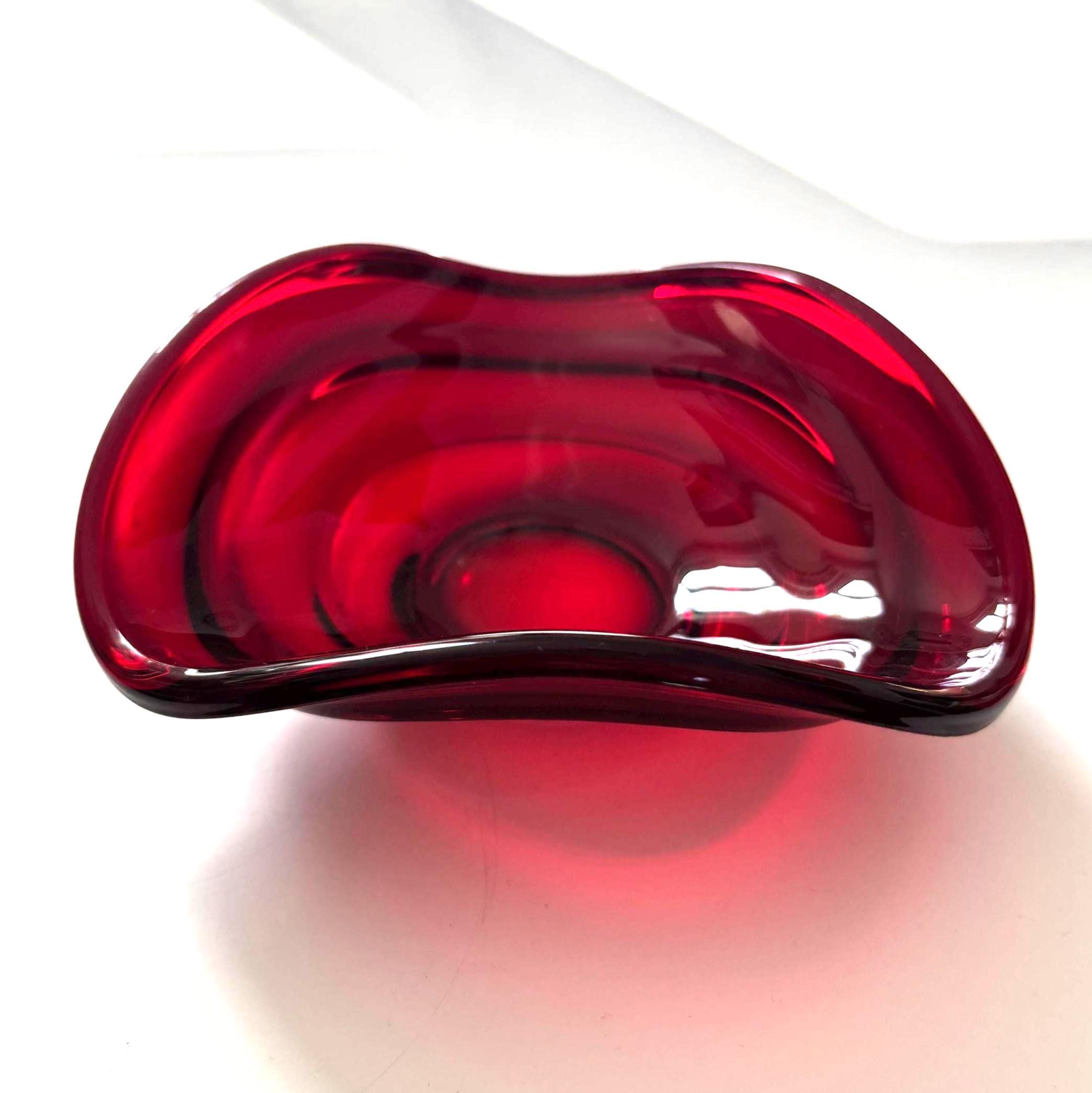 Vintage Ruby Red Art Glass Bowl Freeform Mid Century Scandinavian Style Dish