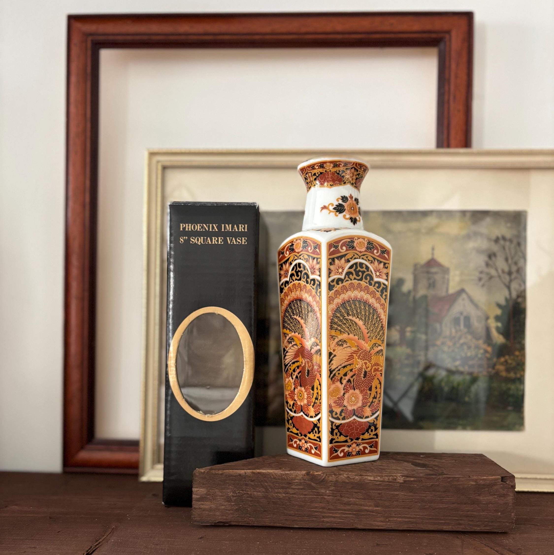 Vintage Phoenix Imari Square Vase Japan Boxed Porcelain