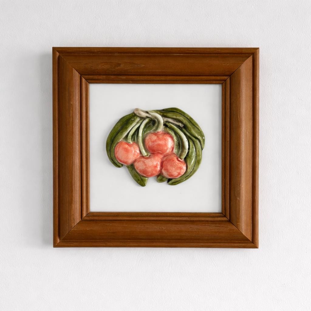 Vintage Framed Ceramic Fruit Tile Wall Art Kitchen Decor Japan Style