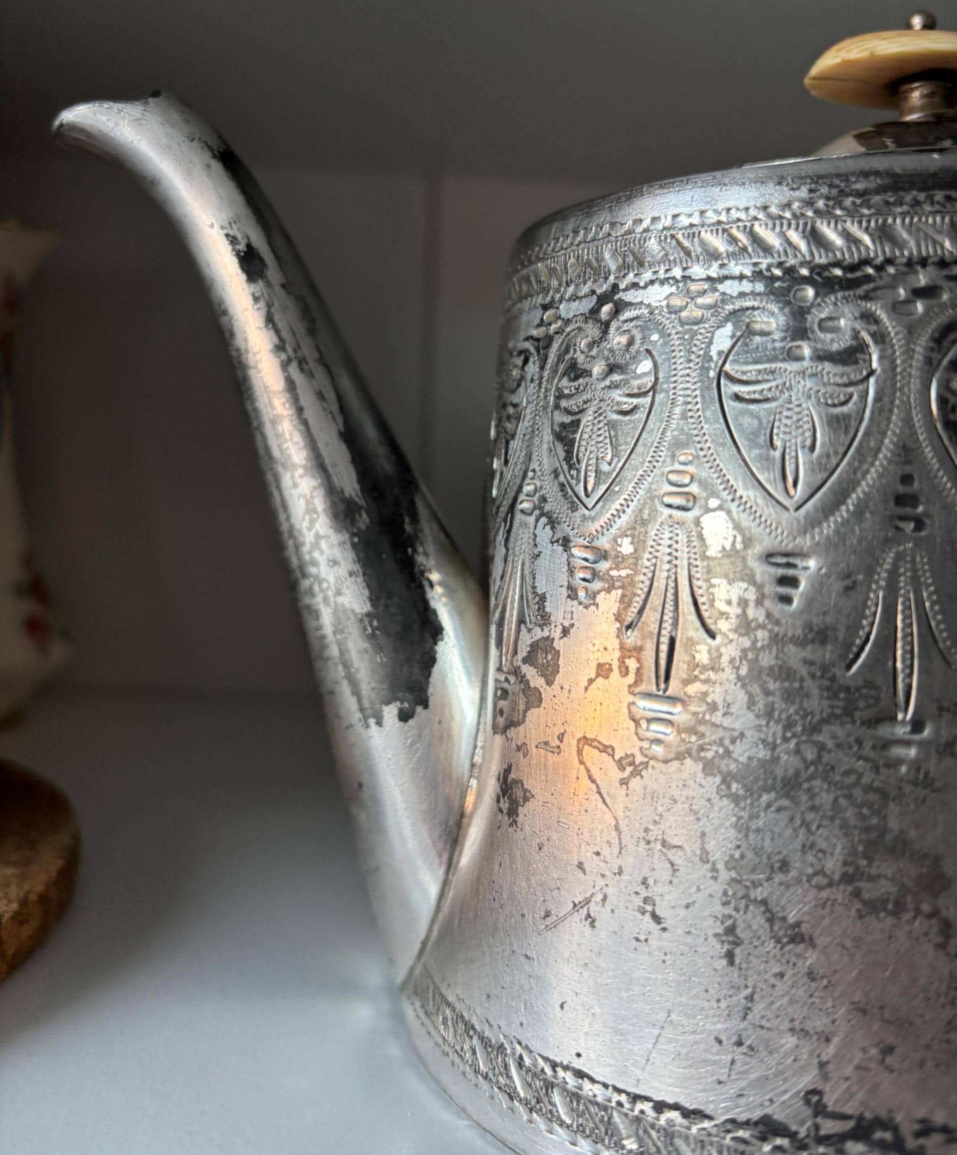 Vintage Silver Plated Teapot: Victorian Engraved Design, Bone Finial