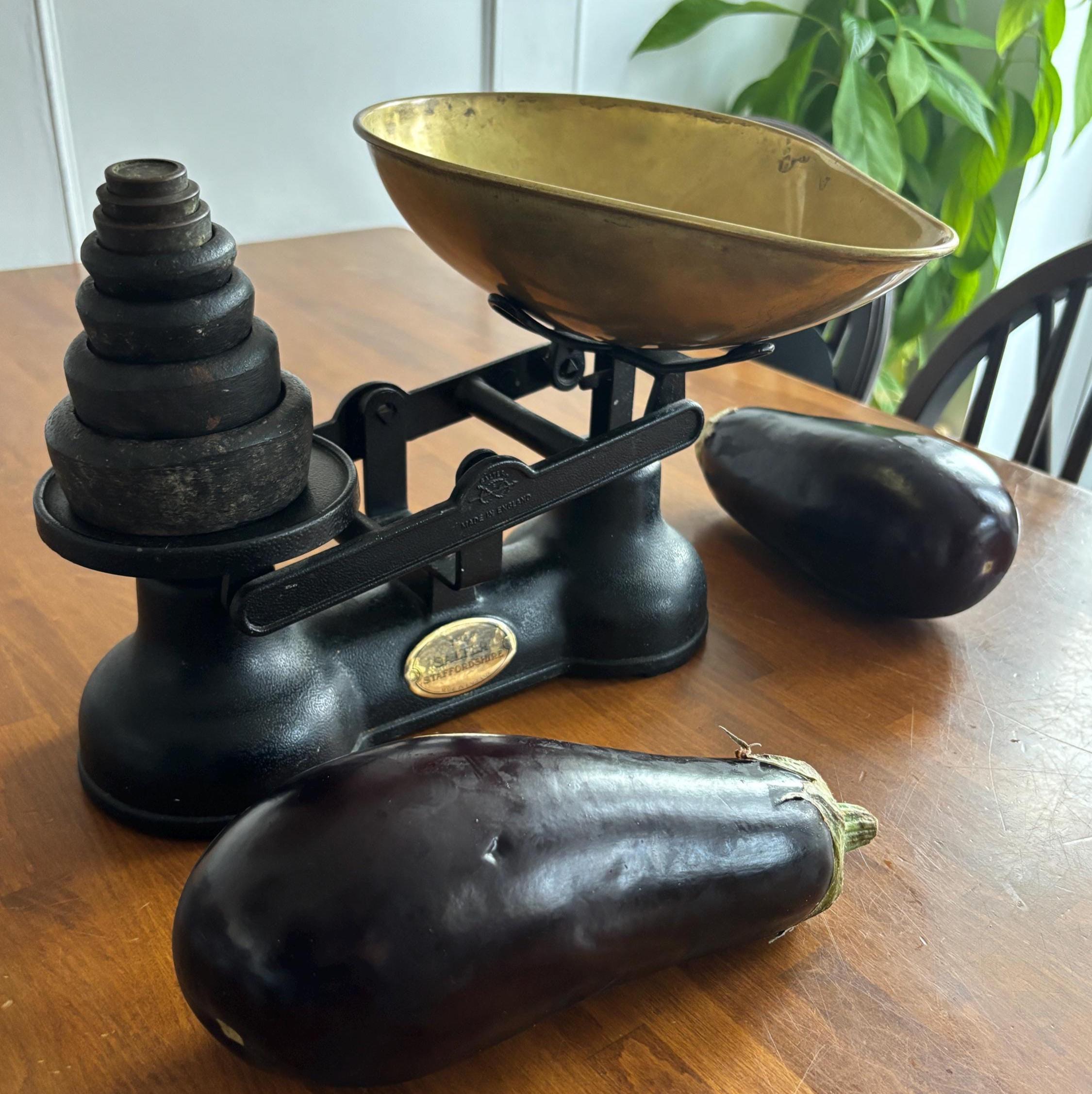 Vintage Salter Staffordshire Kitchen Scales with Brass Bowl & Weights