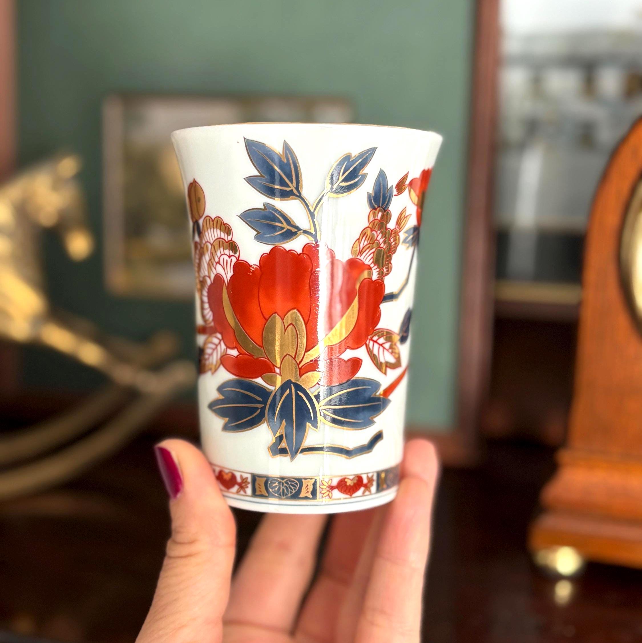 Vintage Japanese Imari Style Porcelain Tumbler Cup Iwai Pottery Red Blue Gold Floral