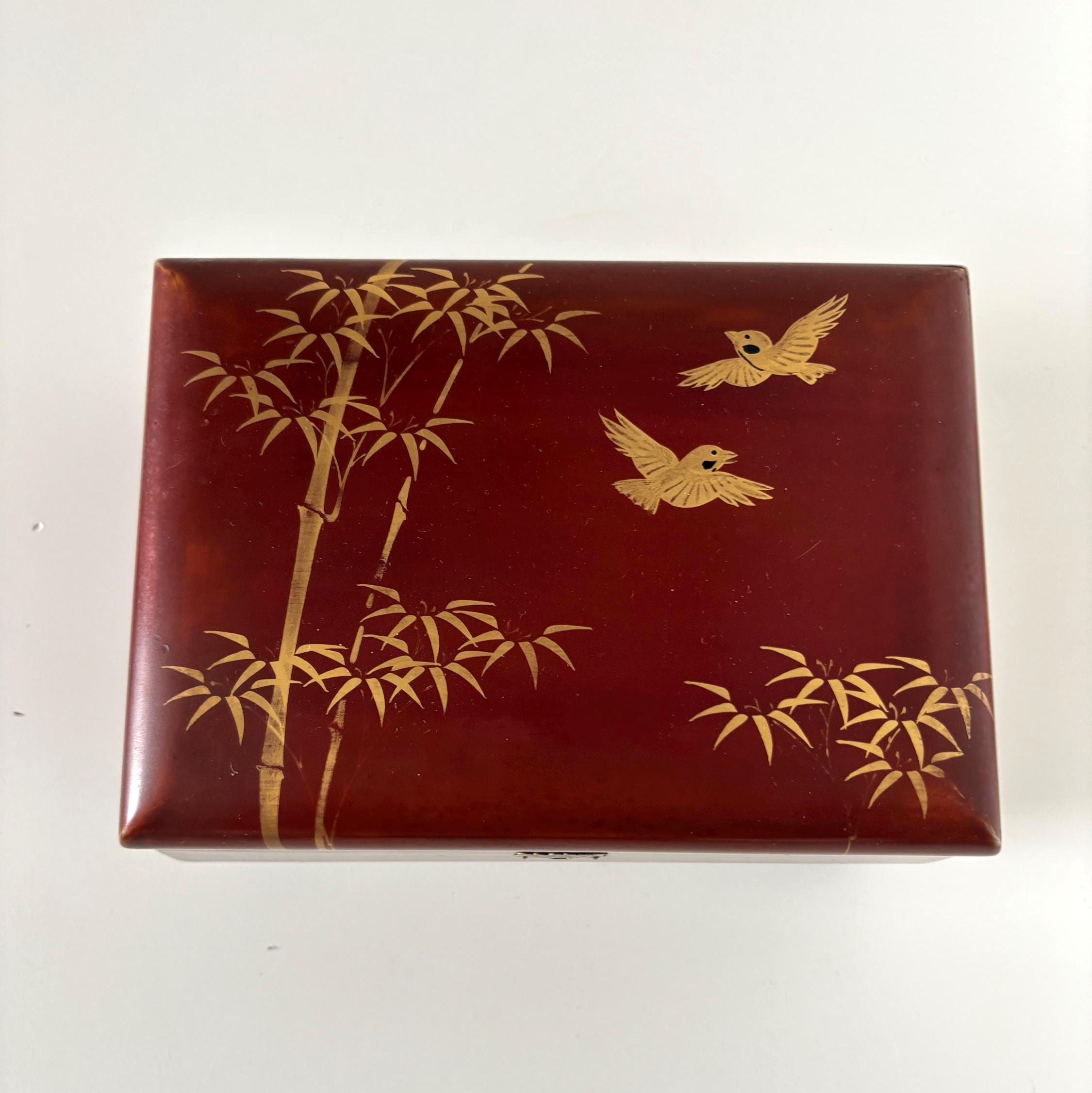 Vintage Musical Jewellery Box Daysun Hand Painted Lacquer Bamboo Bird Trinket Box