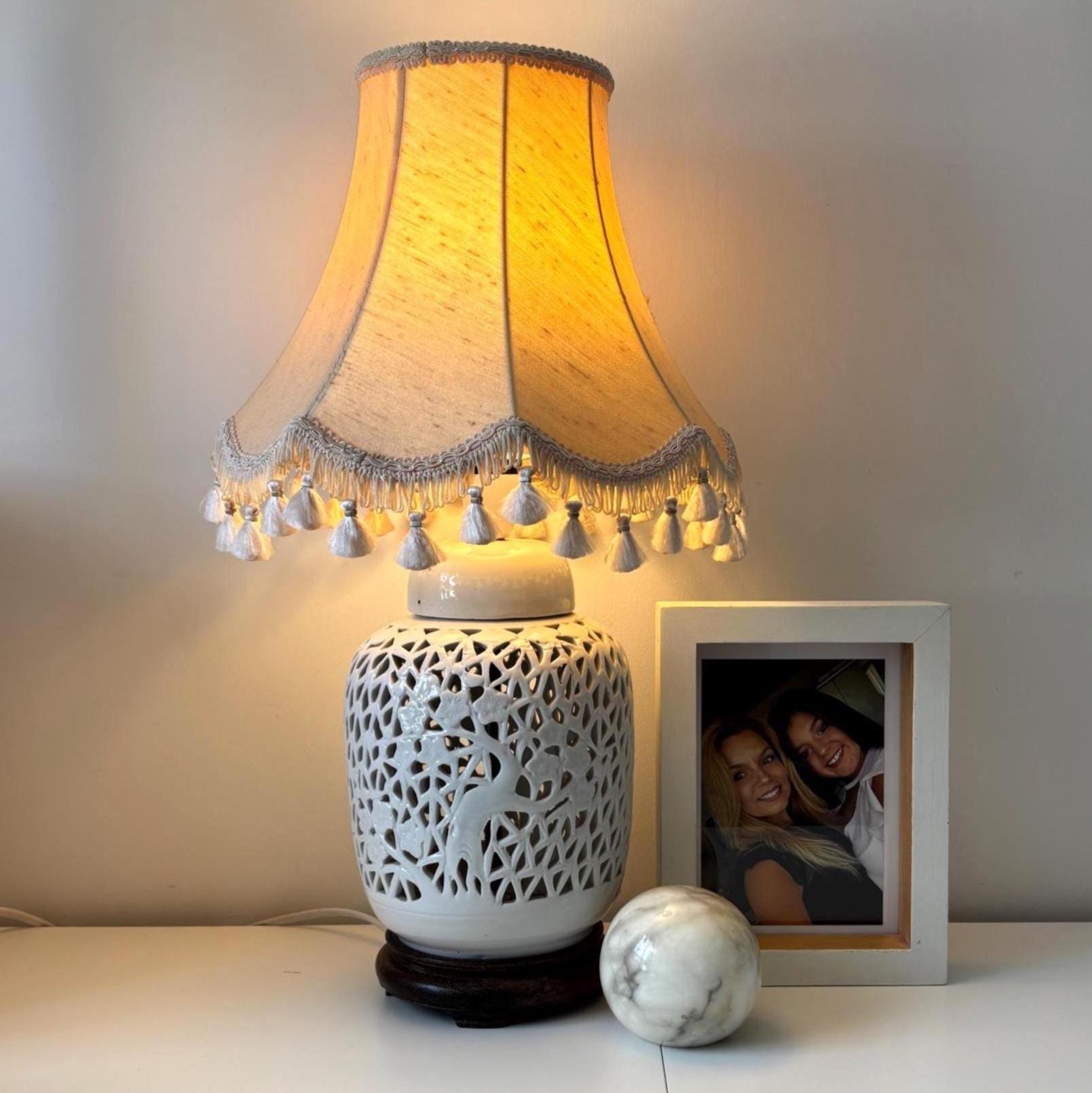 Vintage Blanc de Chine Style Chinoiserie Pierced Ceramic Table Lamp (No Shade)