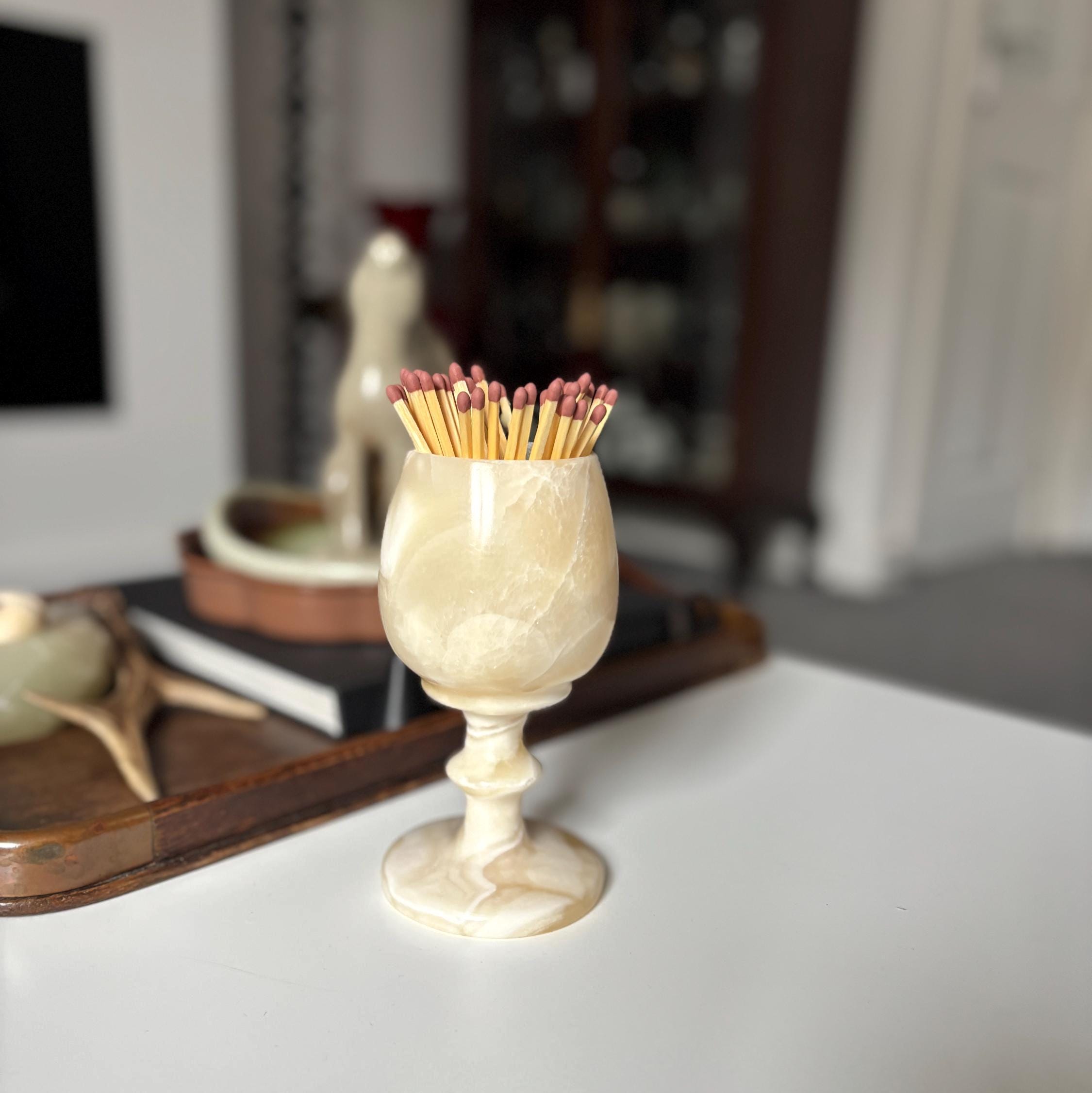 Vintage Onyx Goblet Cup Small Marble Stone Vase Toothpick Holder Decor