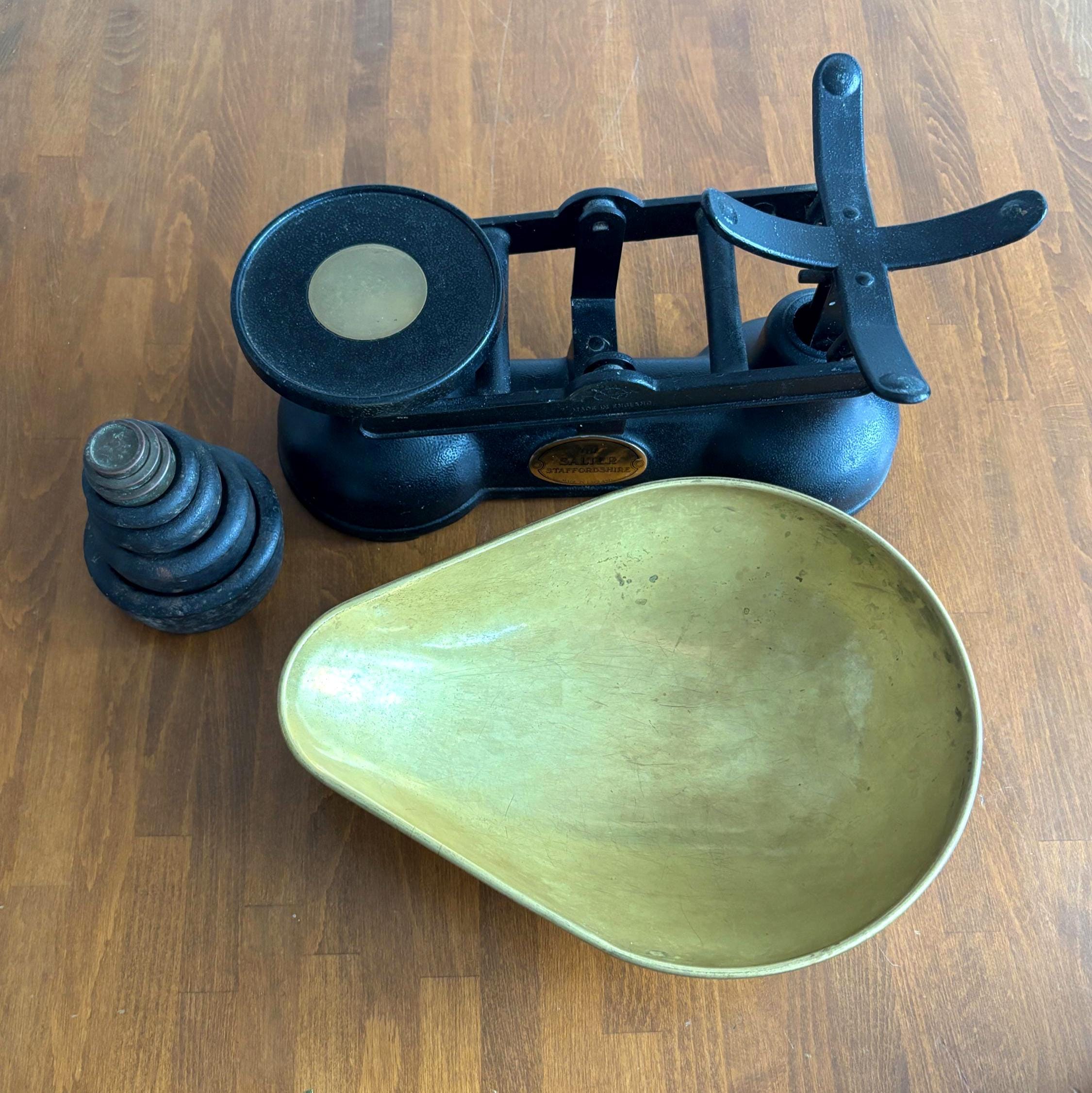 Vintage Salter Staffordshire Kitchen Scales with Brass Bowl & Weights