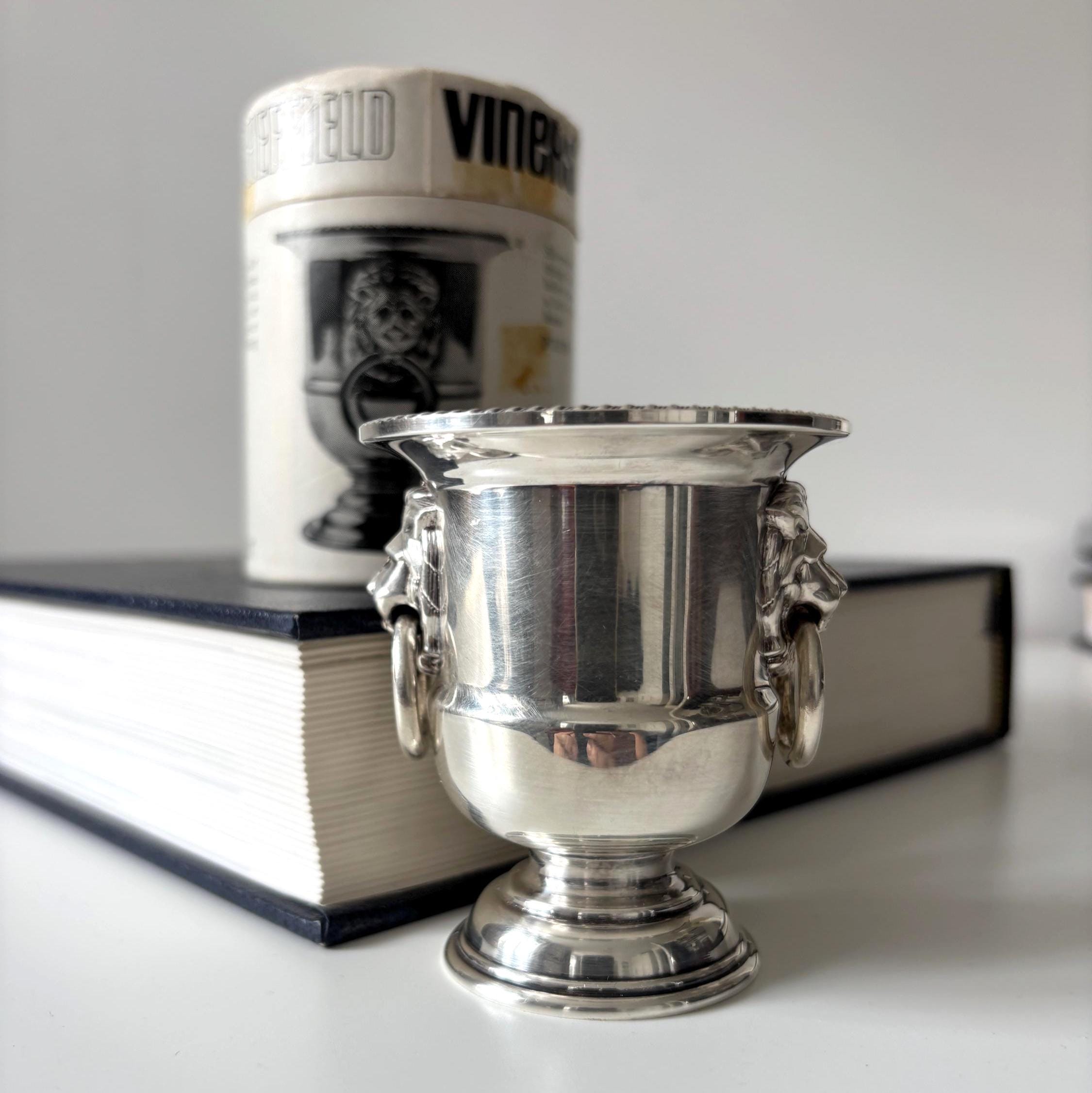 Vintage Viners Sheffield Miniature Wine Cooler Silver Plate Lion Match Holder with Original Box