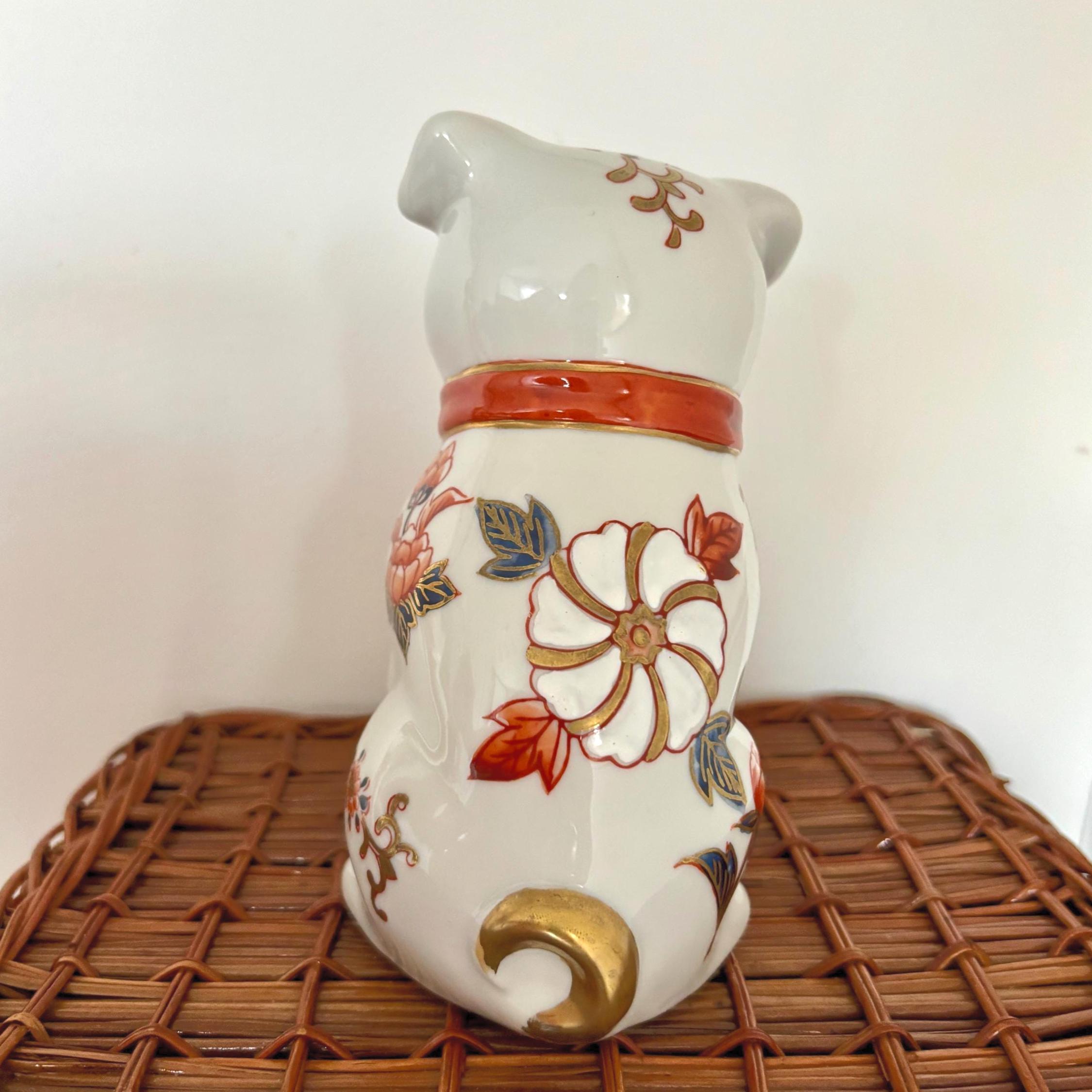 Imari Style Ceramic Dog Ornament | Vintage White Dog Figurine with Red Collar & Gilt Detail