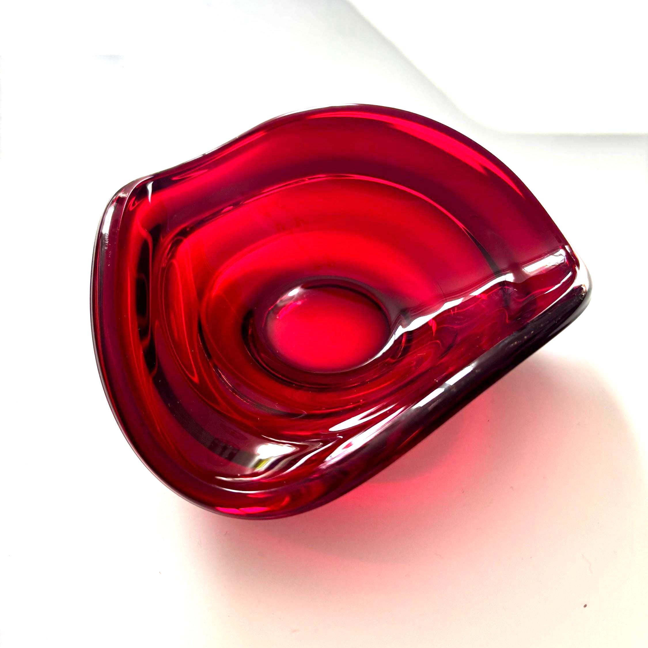 Vintage Ruby Red Art Glass Bowl Freeform Mid Century Scandinavian Style Dish