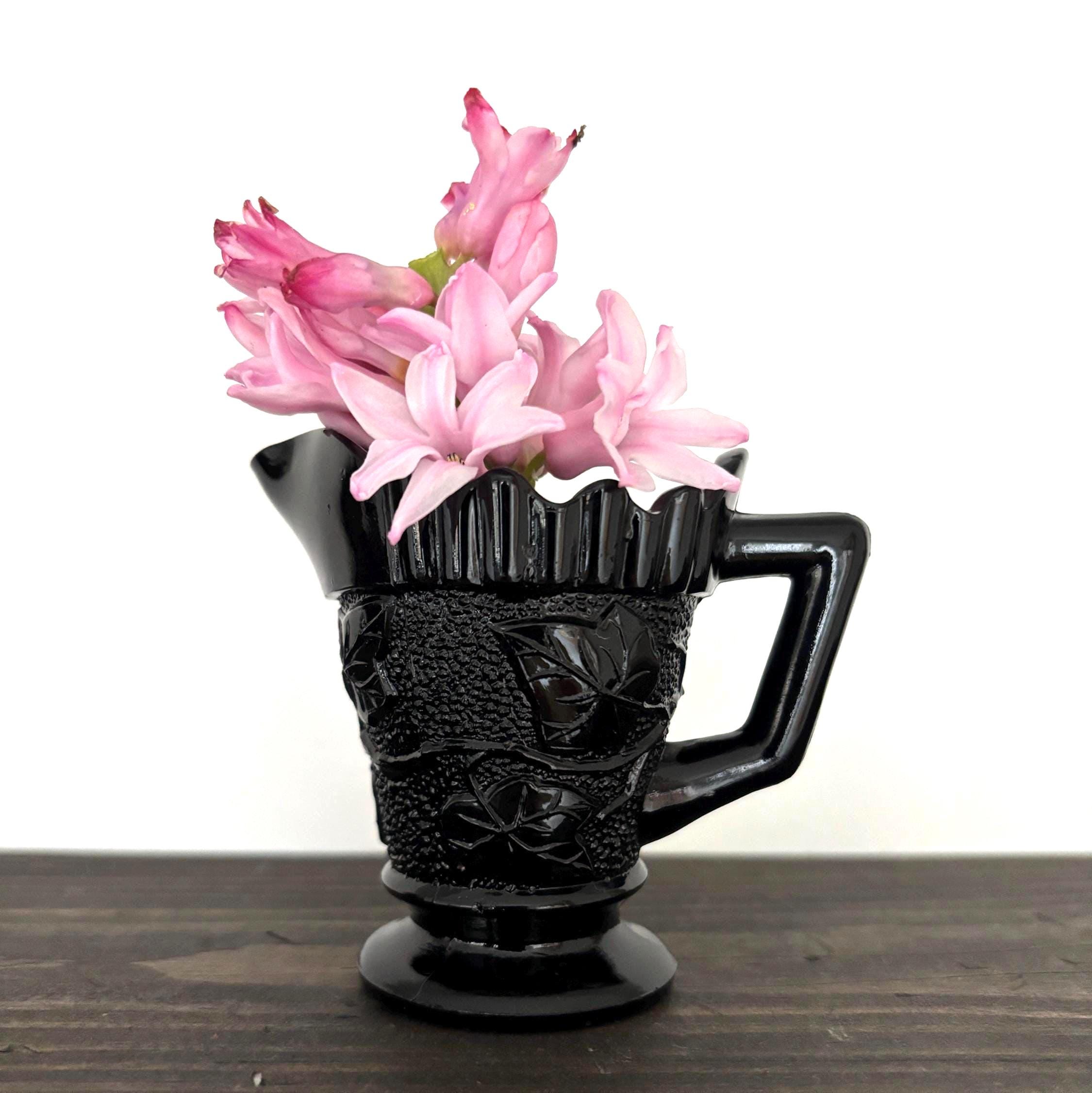 Vintage Black Pressed Glass Creamer Grape Pattern Pedestal Milk Jug