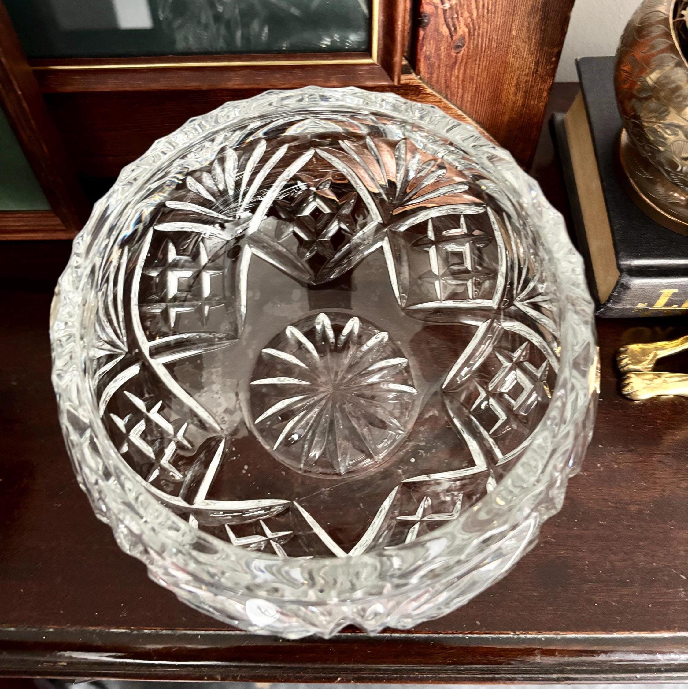 Vintage Russian Lead Crystal Flower Frog Bowl With Metal Grid Hand Cut Crystal Centrepiece