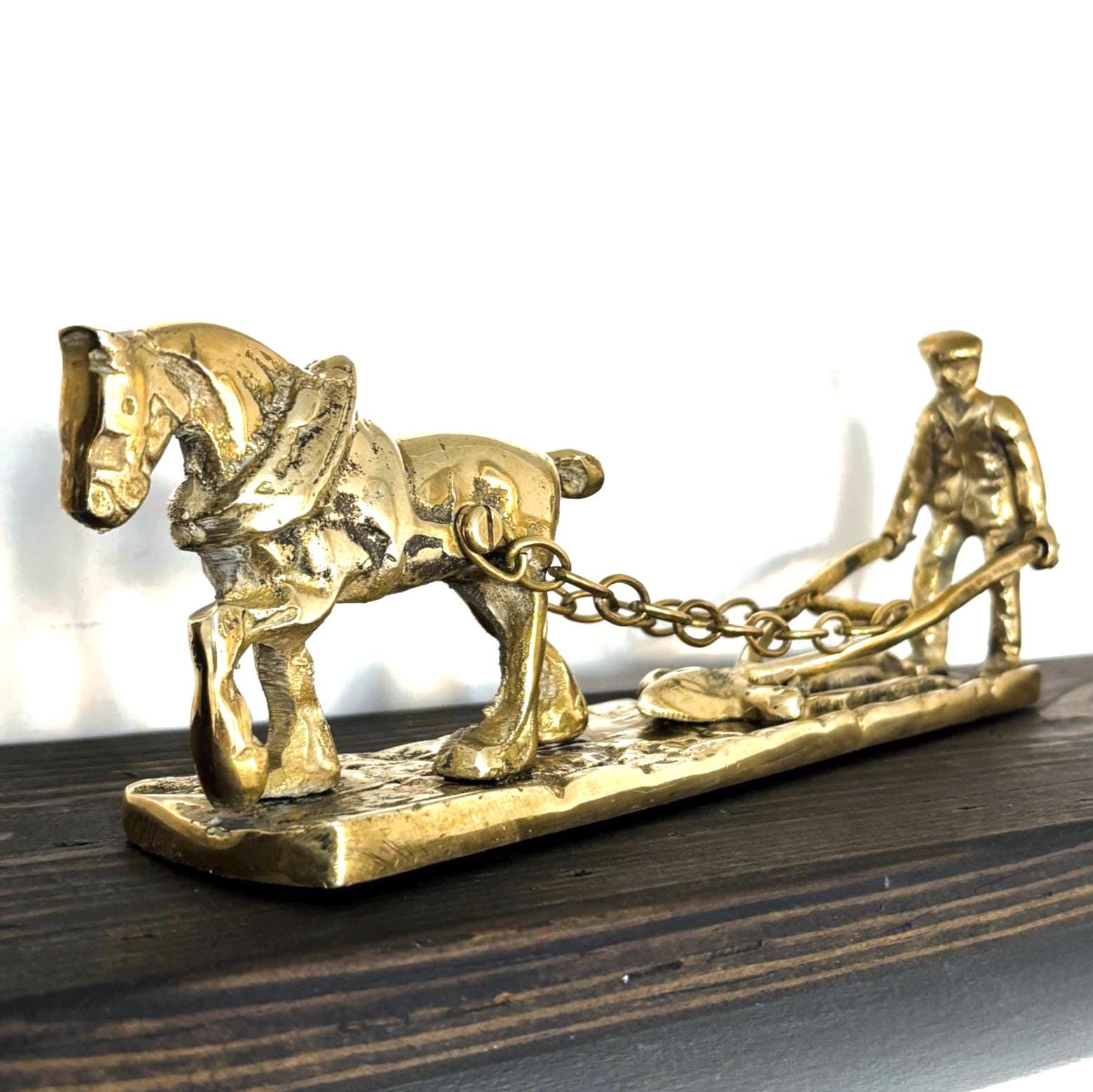 Vintage Solid Brass Horse Plough Sculpture Rustic Farm Decor Country Home Figurine