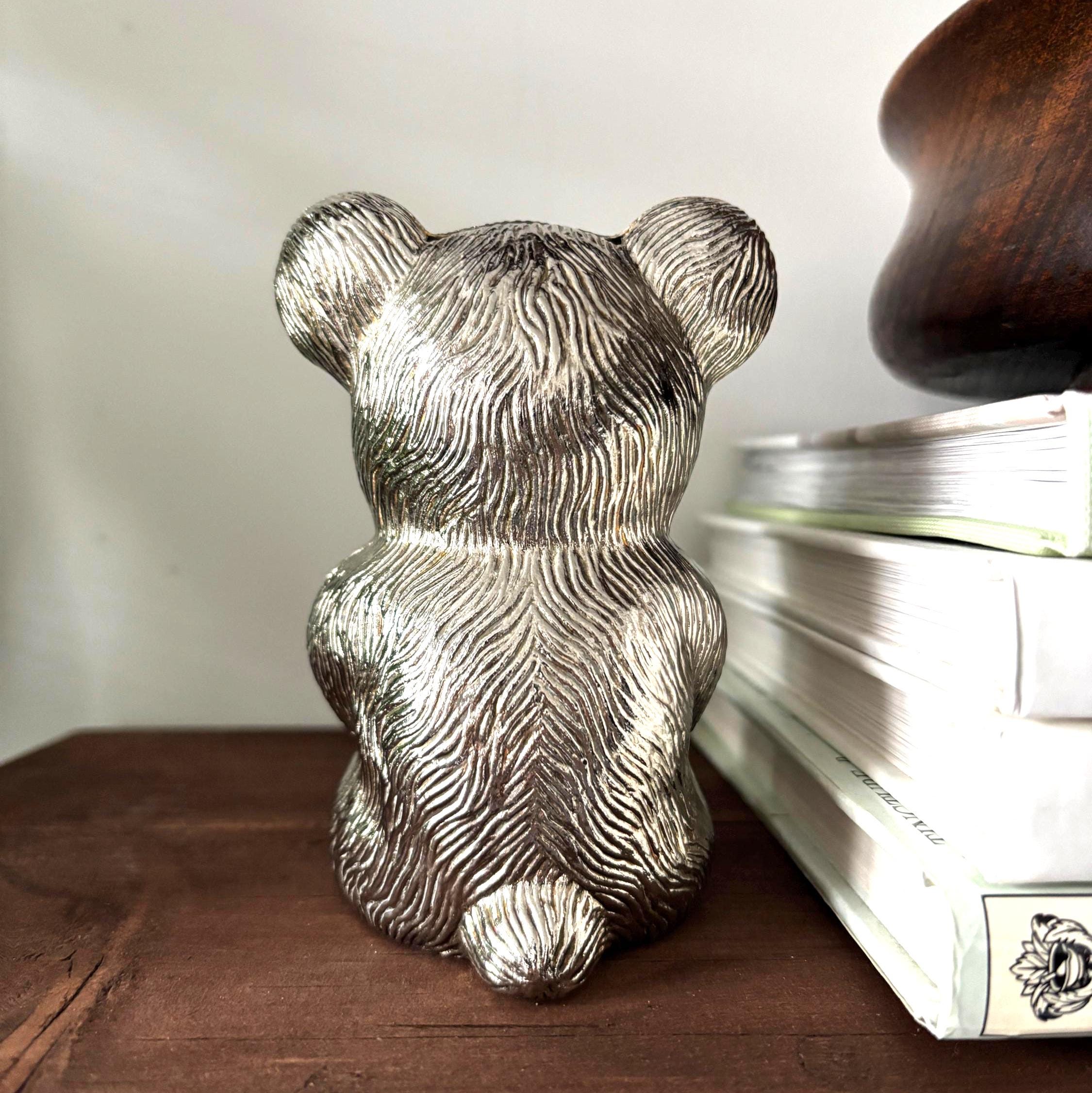 Vintage Silver Plated Teddy Bear Money Box Coin Bank Nursery Decor Baby Gift Keepsake