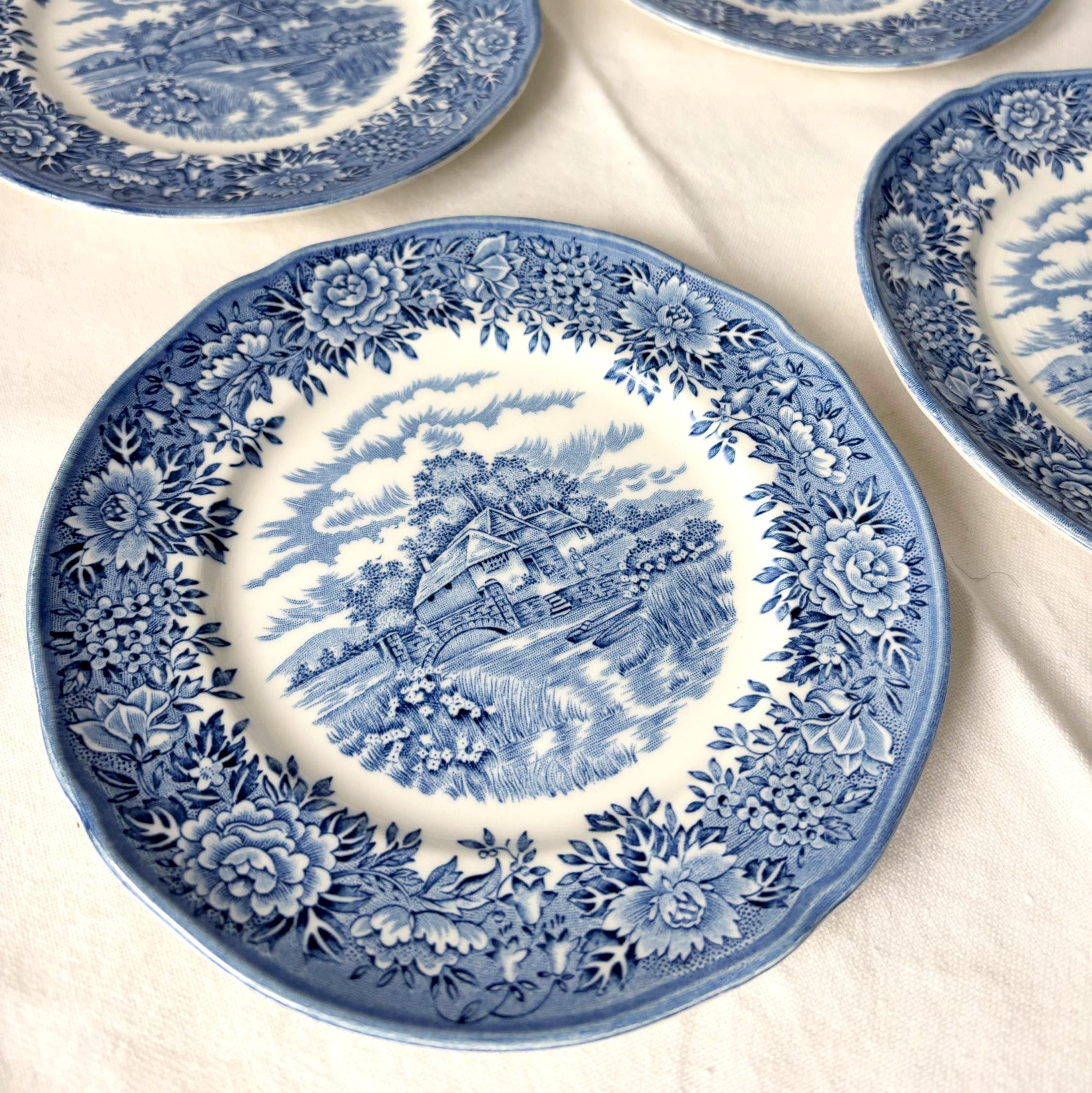 Vintage Colonial Village Tea Plates Set 4 Blue Staffordshire