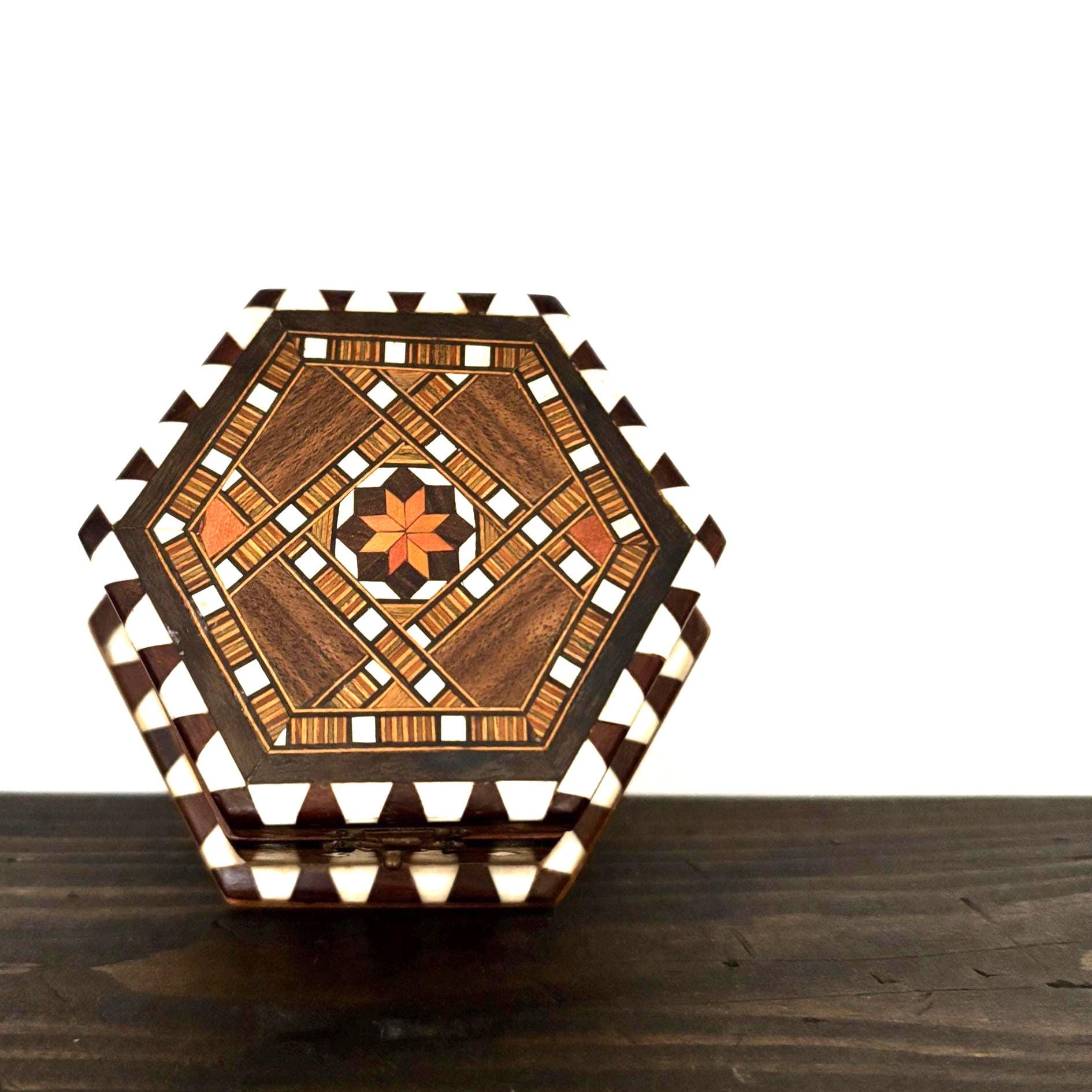 Vintage Spanish Marquetry Jewelry Box Tossa de Mar Costa Brava Wood Mosaic Hexagon