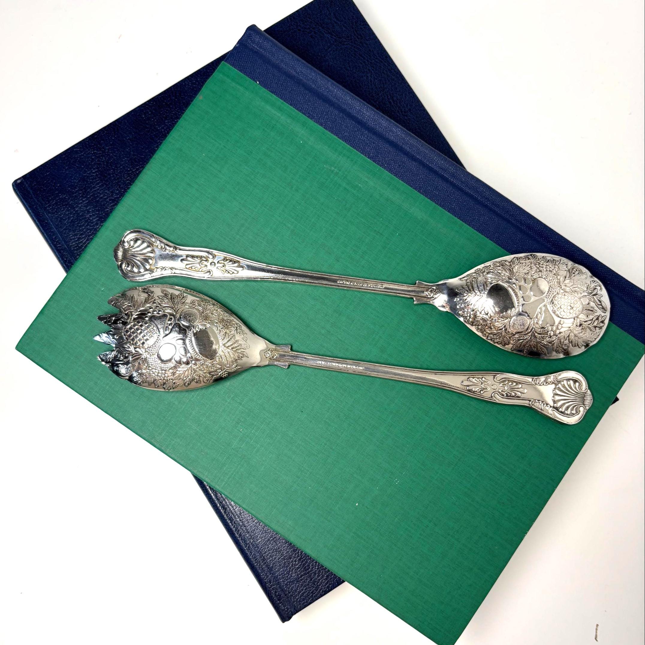 Ornate Vintage Silver Plated Salad Servers Fruit Pattern Victorian Style Serving Spoon Fork Set
