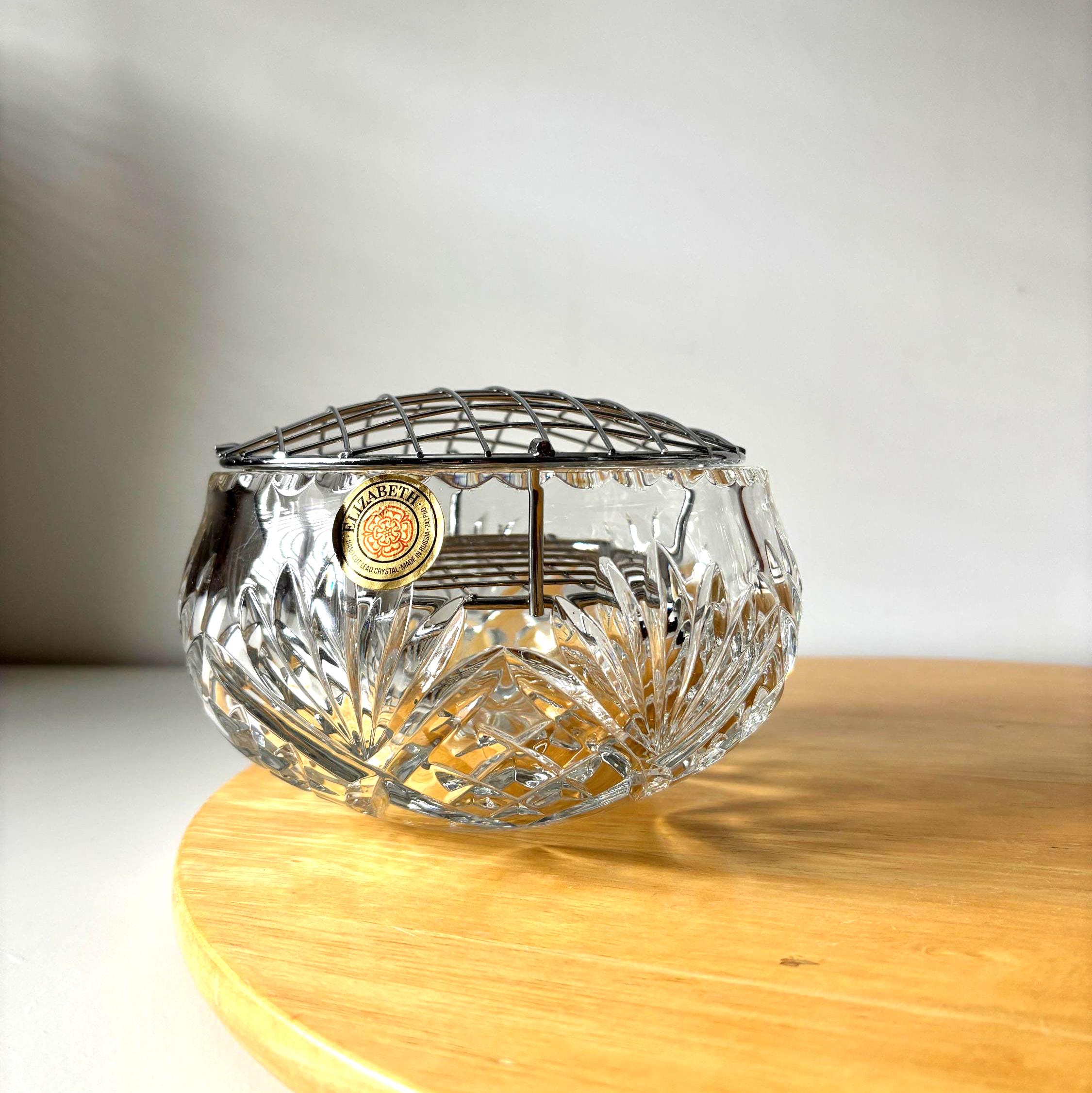 Vintage Russian Lead Crystal Flower Frog Bowl With Metal Grid Hand Cut Crystal Centrepiece