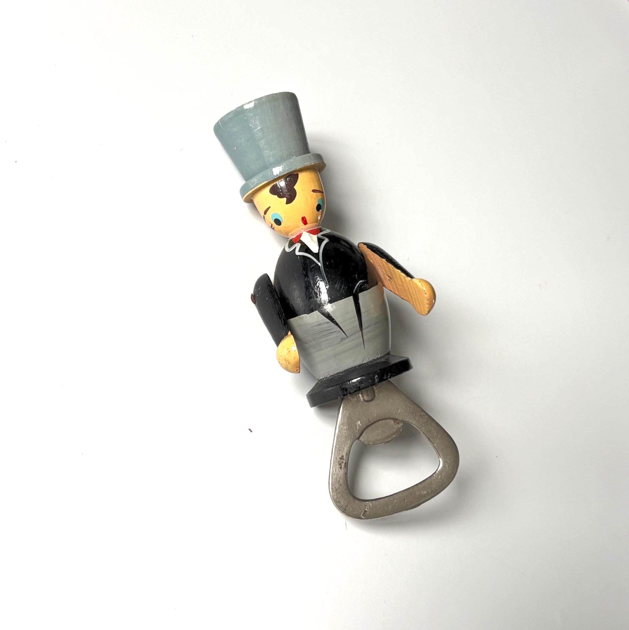 Vintage Wooden Gentleman Bottle Opener | Folk Art Top Hat Barware