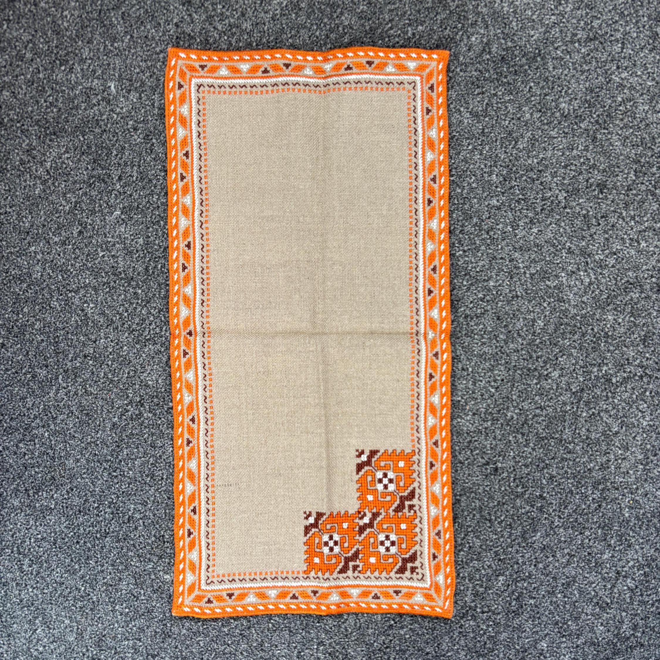 Vintage Bulgarian Hand Embroidered Linen Runner 56x26cm Orange Folk Border
