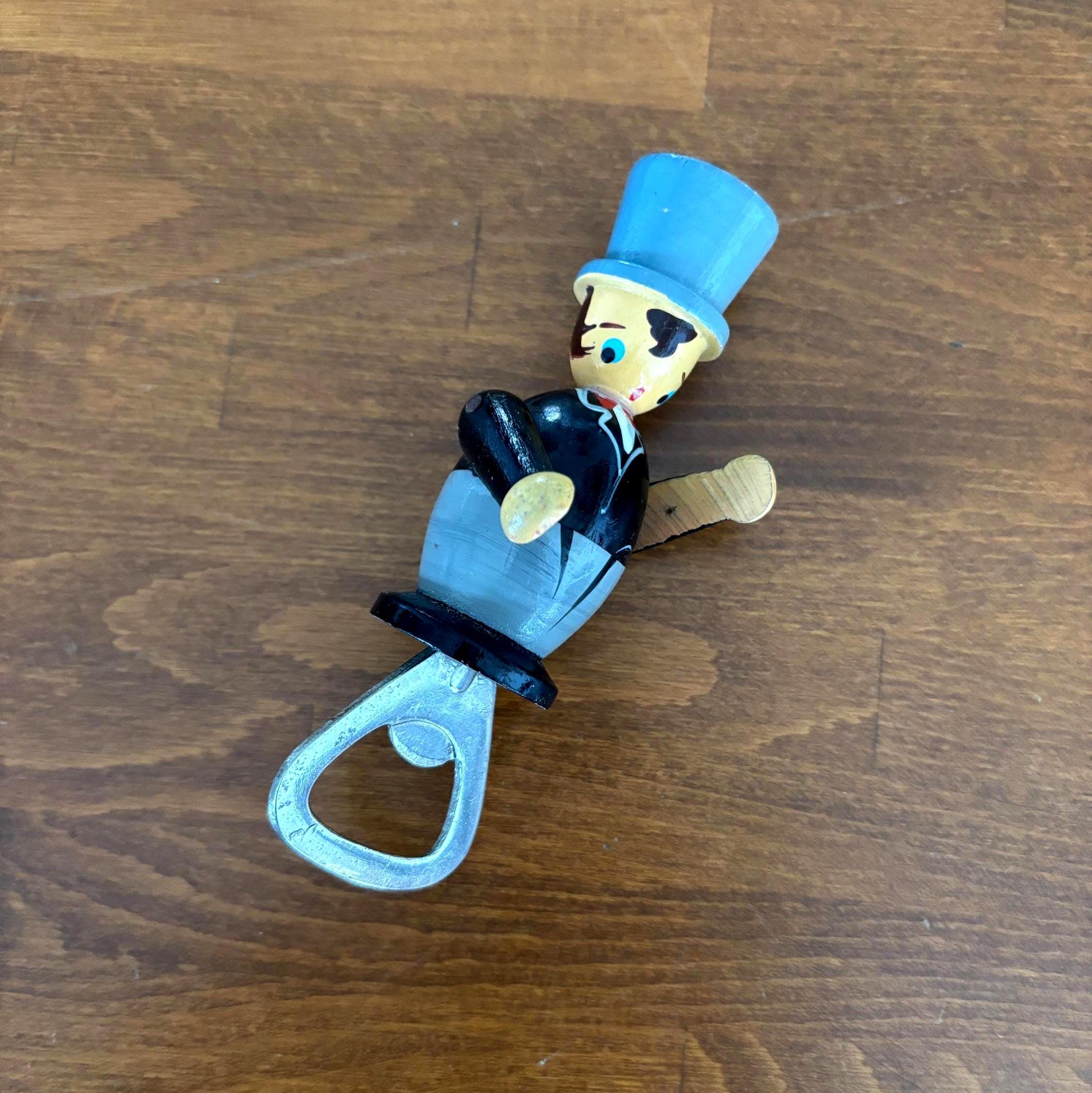 Vintage Wooden Gentleman Bottle Opener | Folk Art Top Hat Barware