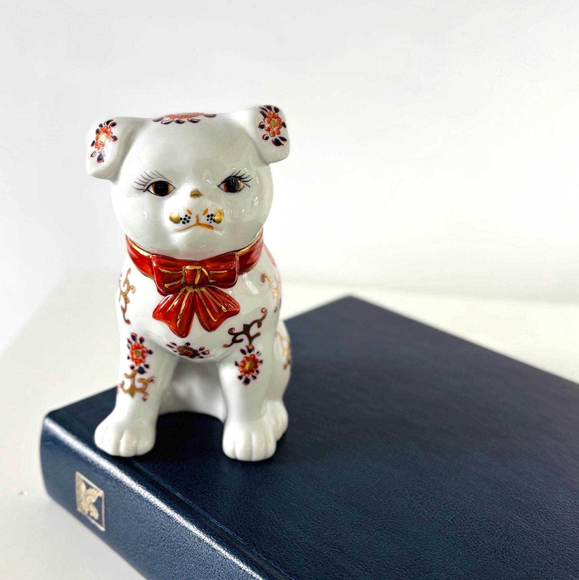 Imari Style Ceramic Dog Ornament | Vintage White Dog Figurine with Red Collar & Gilt Detail